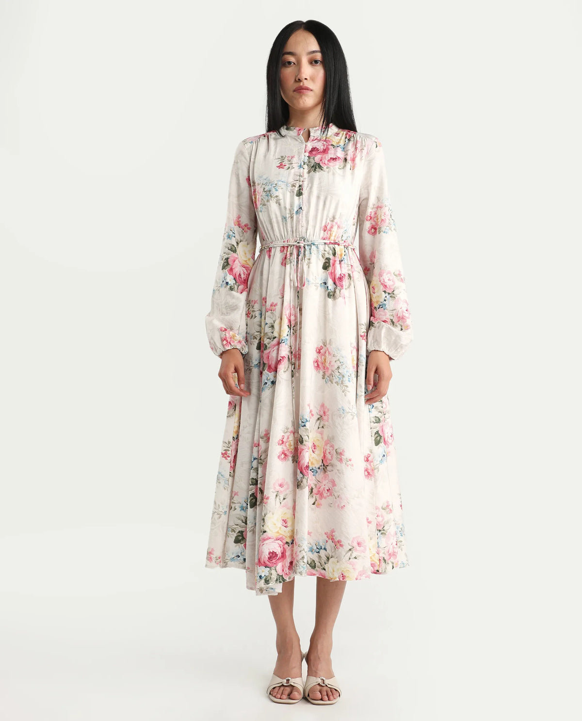 Rareism Women's Austom Beige Viscose Blend Mandarin Collar Fit And Flare Printed Dress
