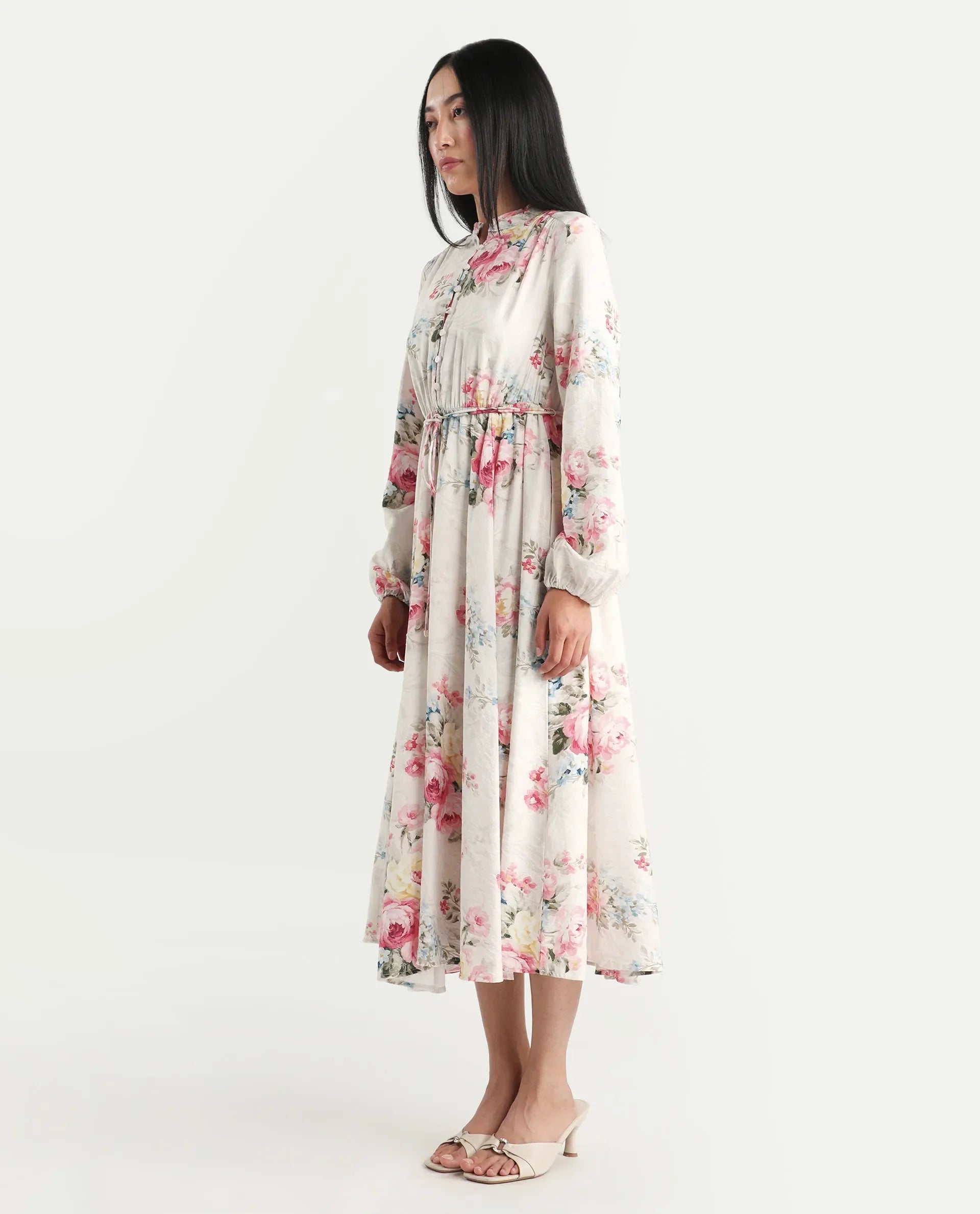 Rareism Women's Austom Beige Viscose Blend Mandarin Collar Fit And Flare Printed Dress