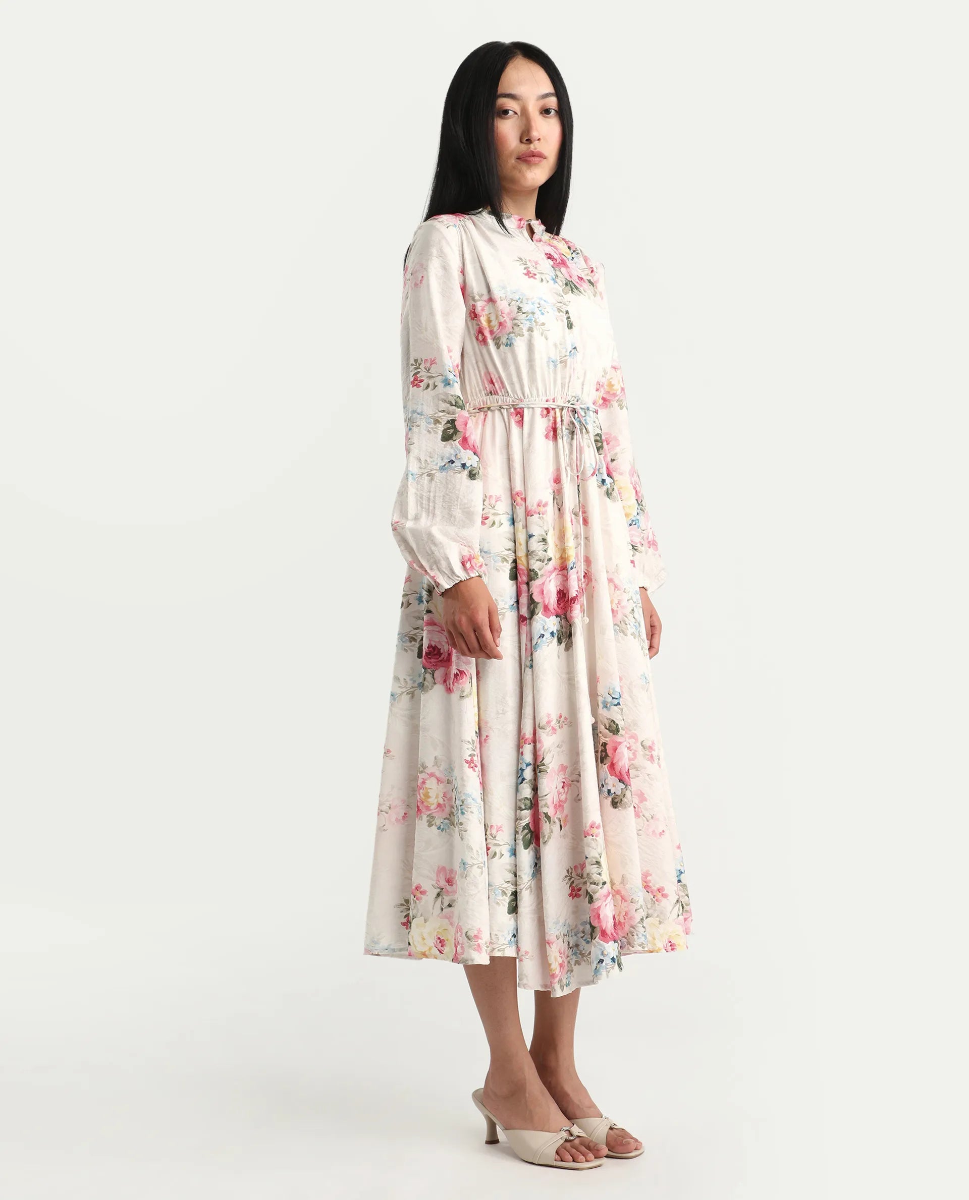 Rareism Women's Austom Beige Viscose Blend Mandarin Collar Fit And Flare Printed Dress