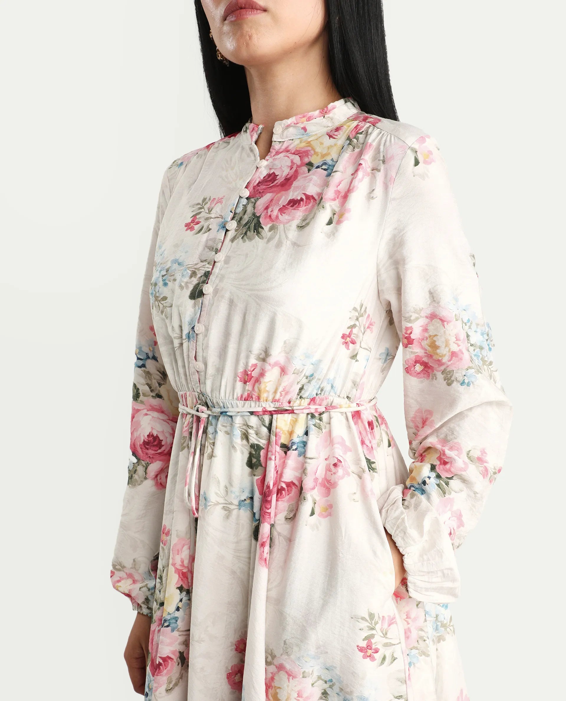 Rareism Women's Austom Beige Viscose Blend Mandarin Collar Fit And Flare Printed Dress