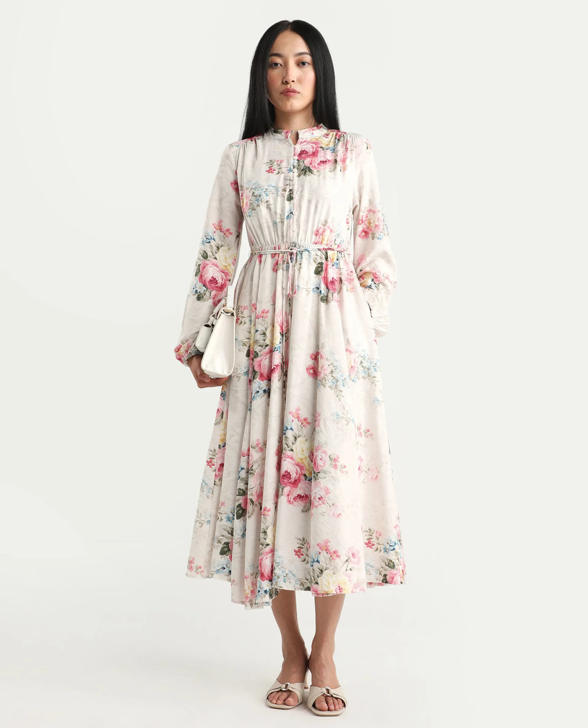 Rareism Women's Austom Beige Viscose Blend Mandarin Collar Fit And Flare Printed Dress