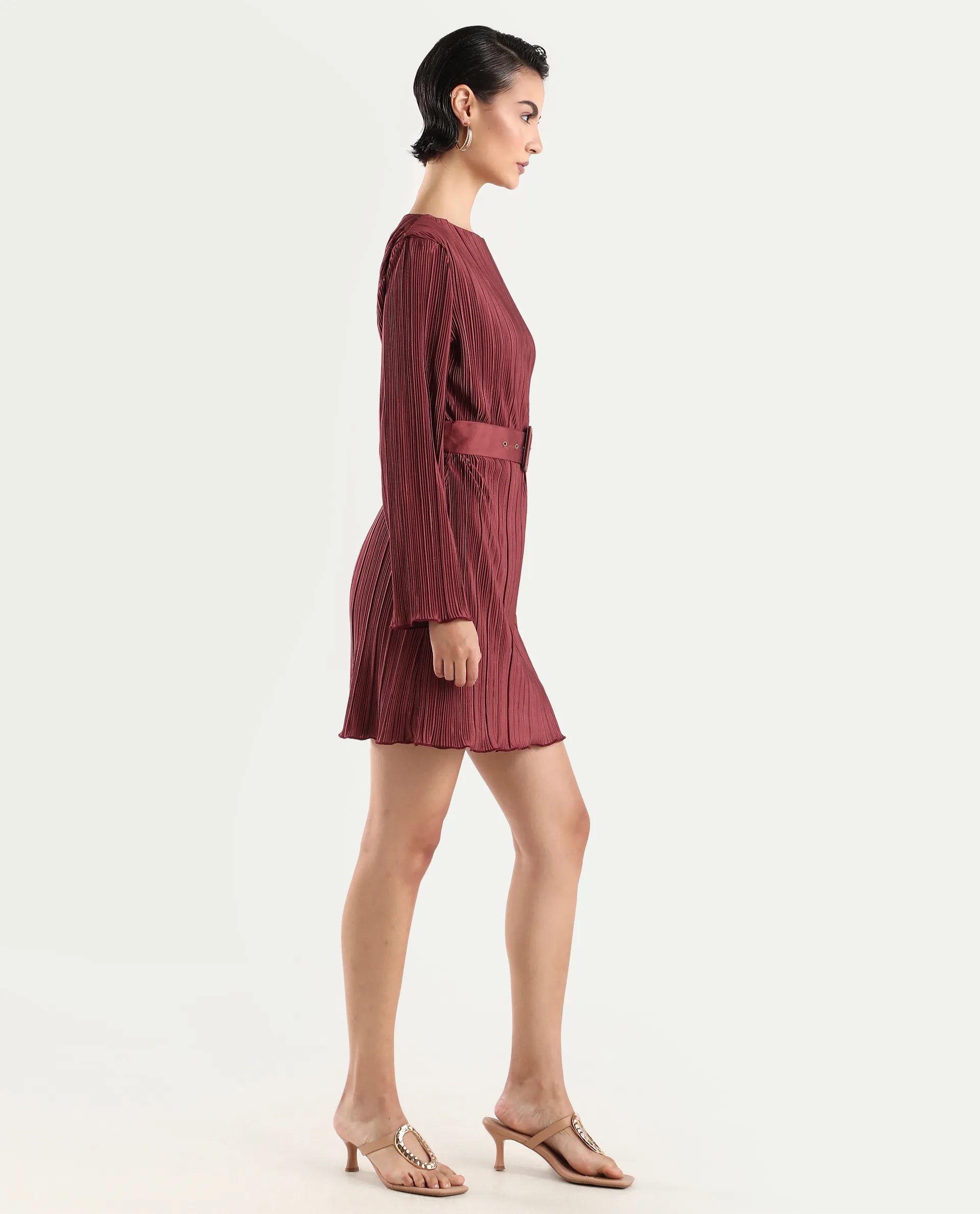 Rareism Women's Averna Brown Polyester Boat Neck Plain Mini Straight Fit Dress