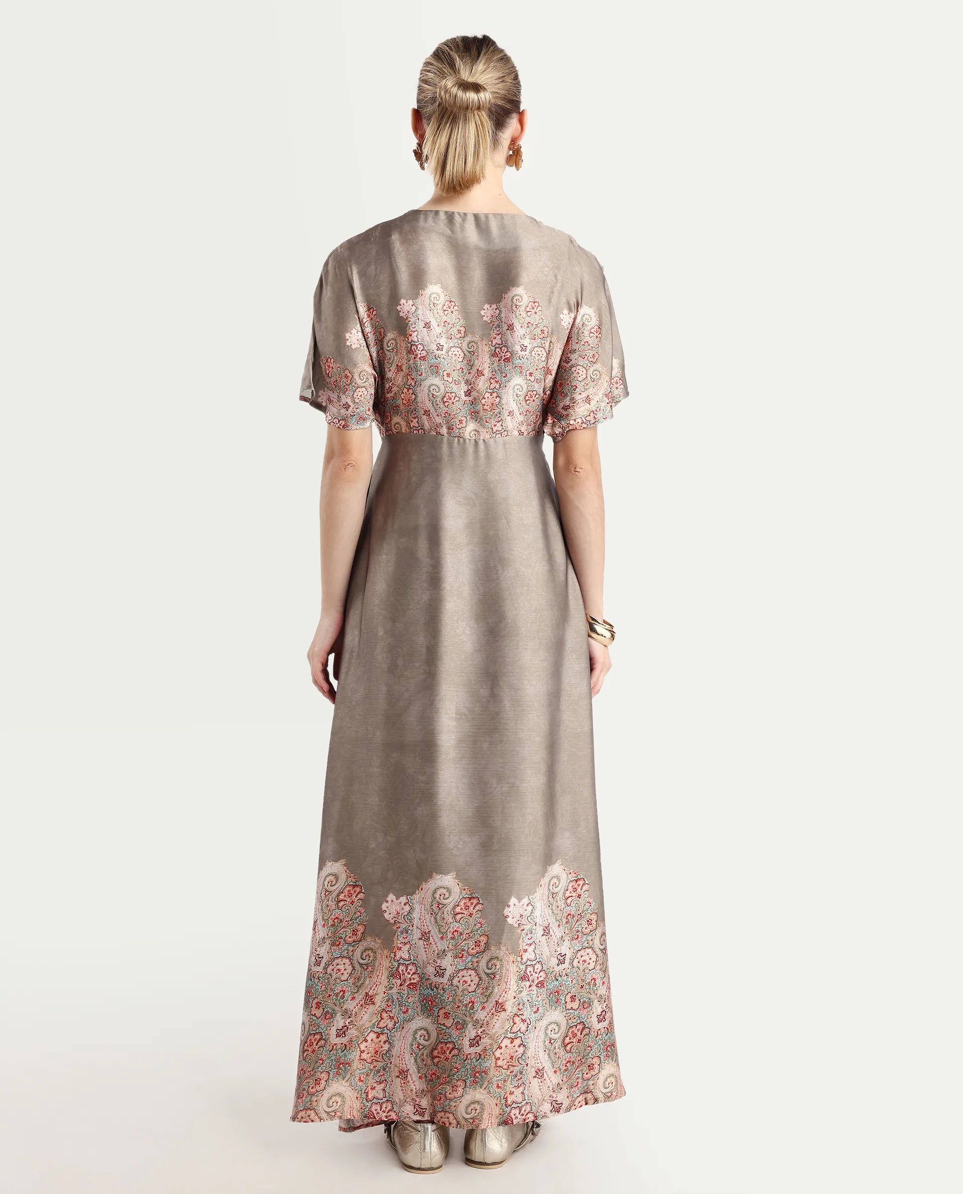 Rareism Women Avibit Olive V-Neck Zipper Flared Maxi Printed Dress