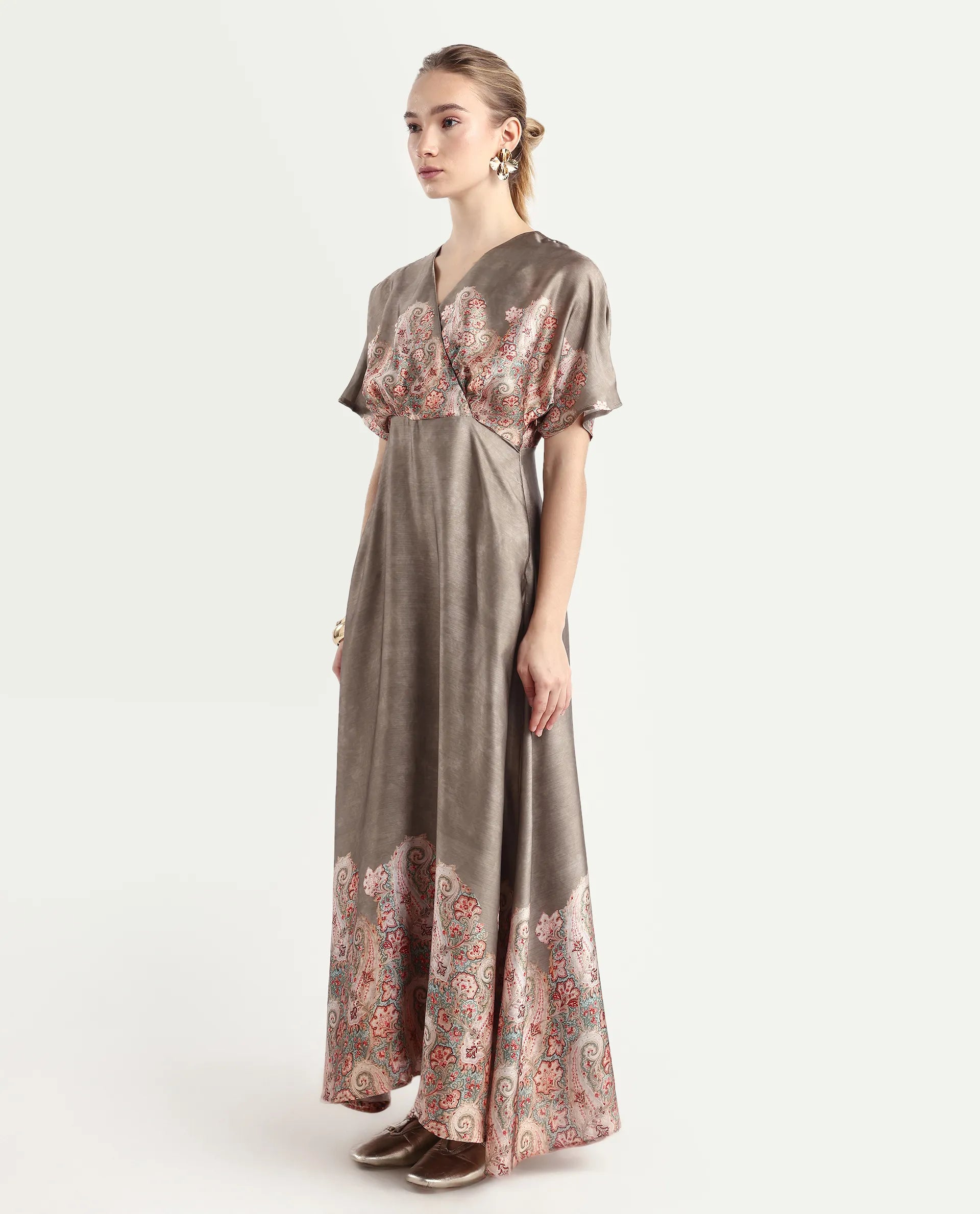 Rareism Women Avibit Olive V-Neck Zipper Flared Maxi Printed Dress