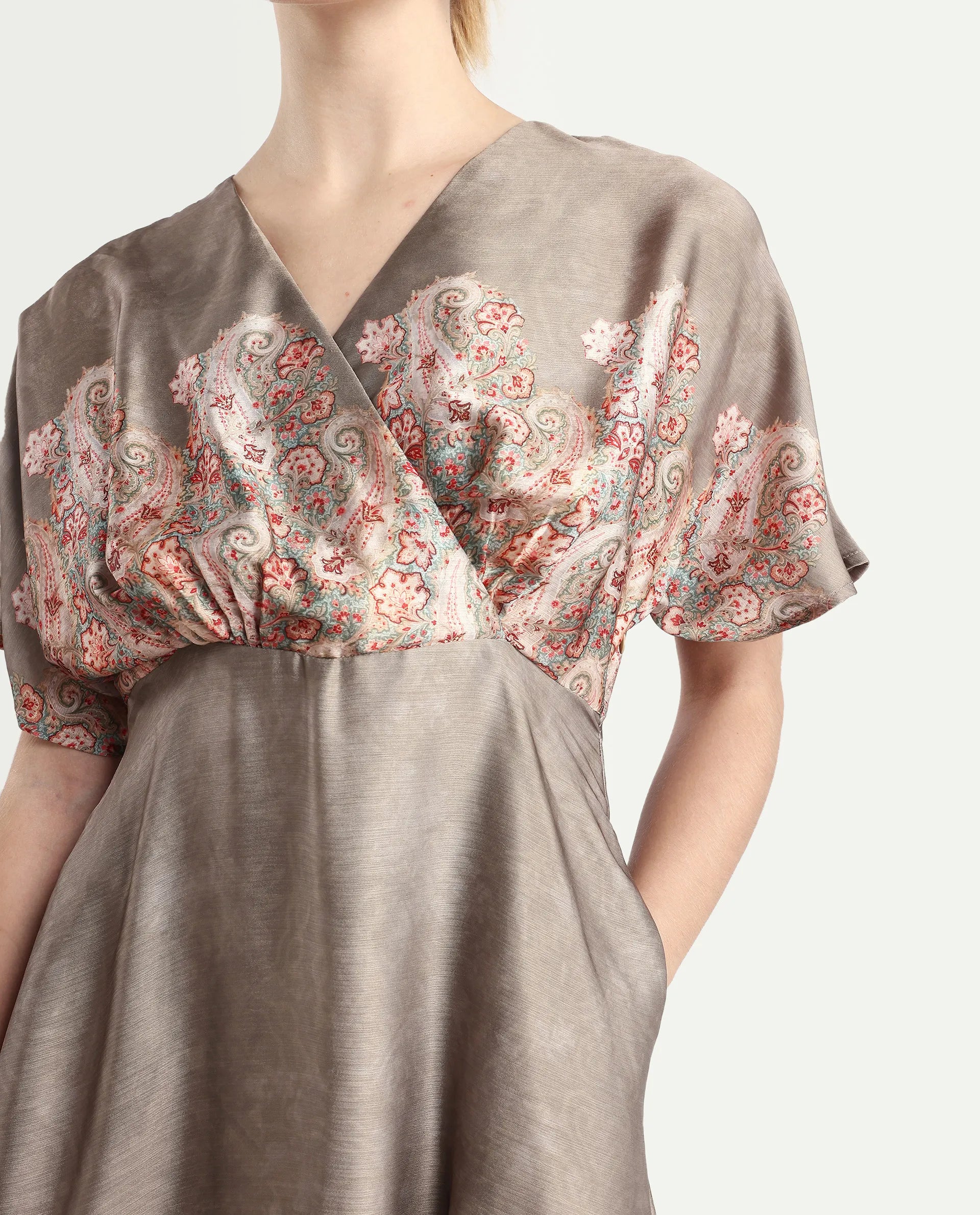 Rareism Women Avibit Olive V-Neck Zipper Flared Maxi Printed Dress