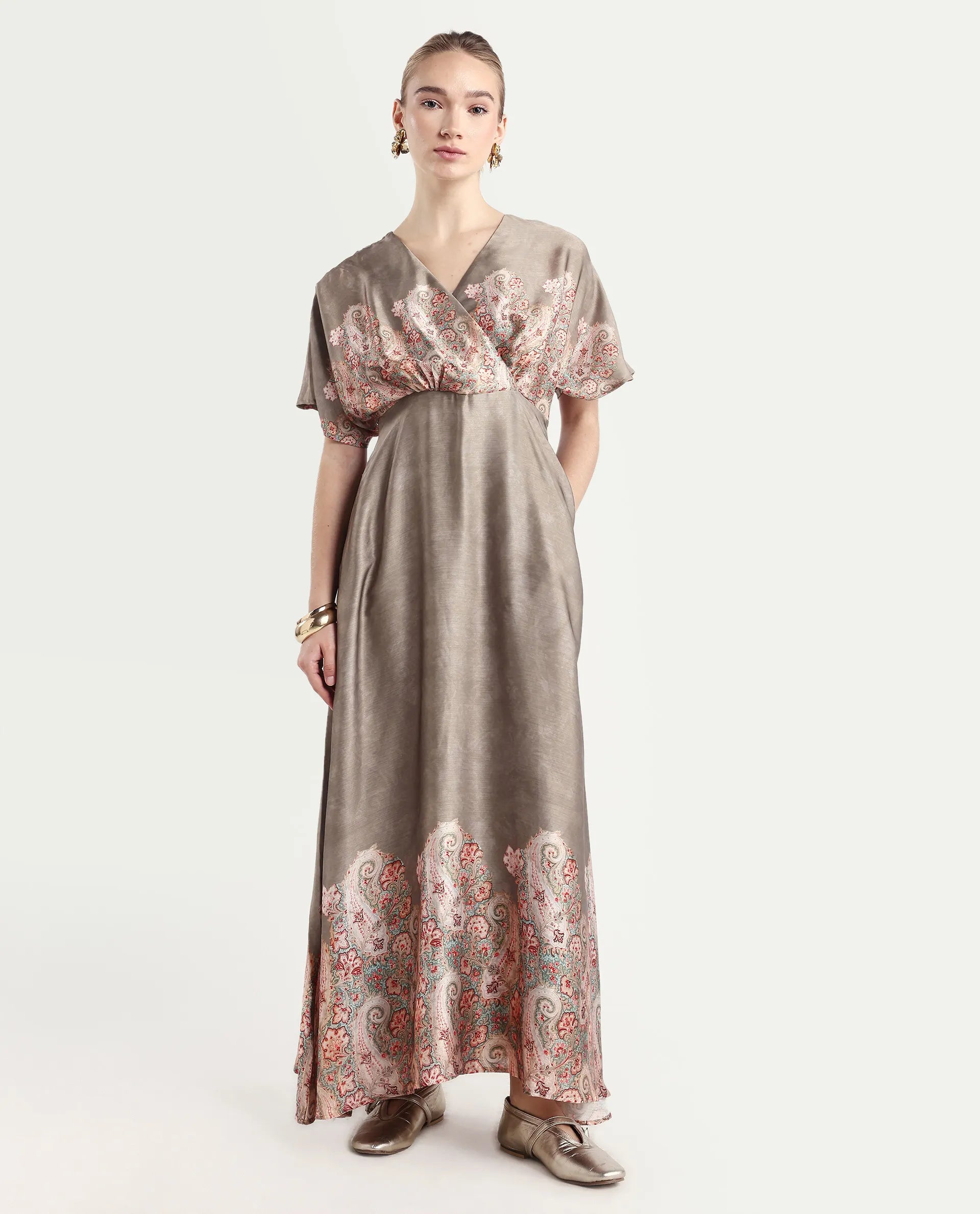 Rareism Women Avibit Olive V-Neck Zipper Flared Maxi Printed Dress