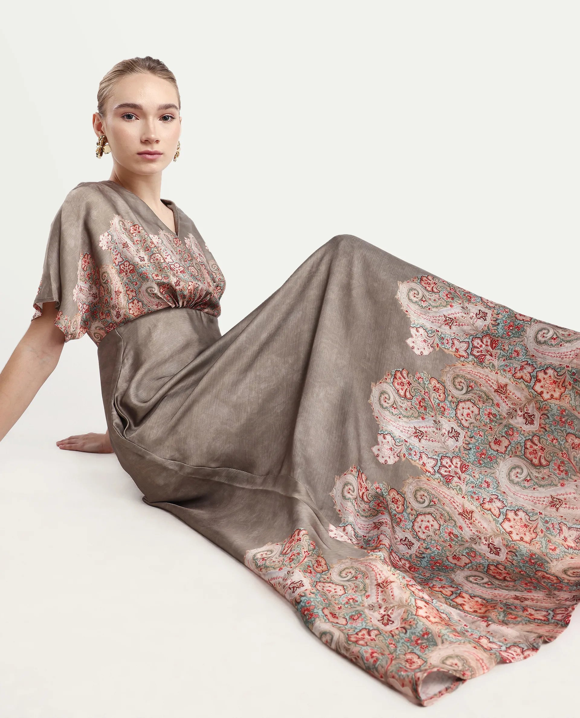 Rareism Women Avibit Olive V-Neck Zipper Flared Maxi Printed Dress