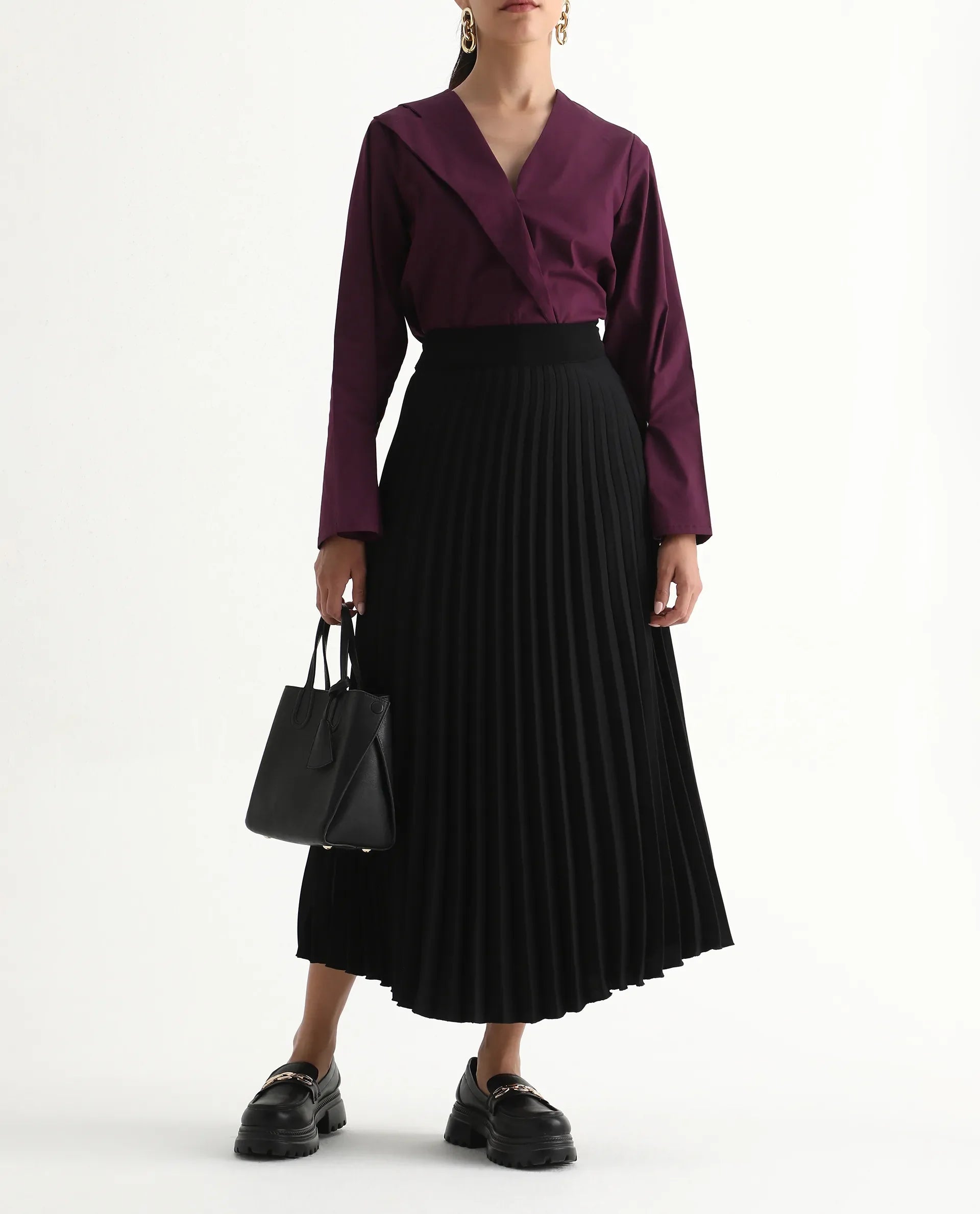 Rareism Women's Avid Black Polyester Flared Skirt