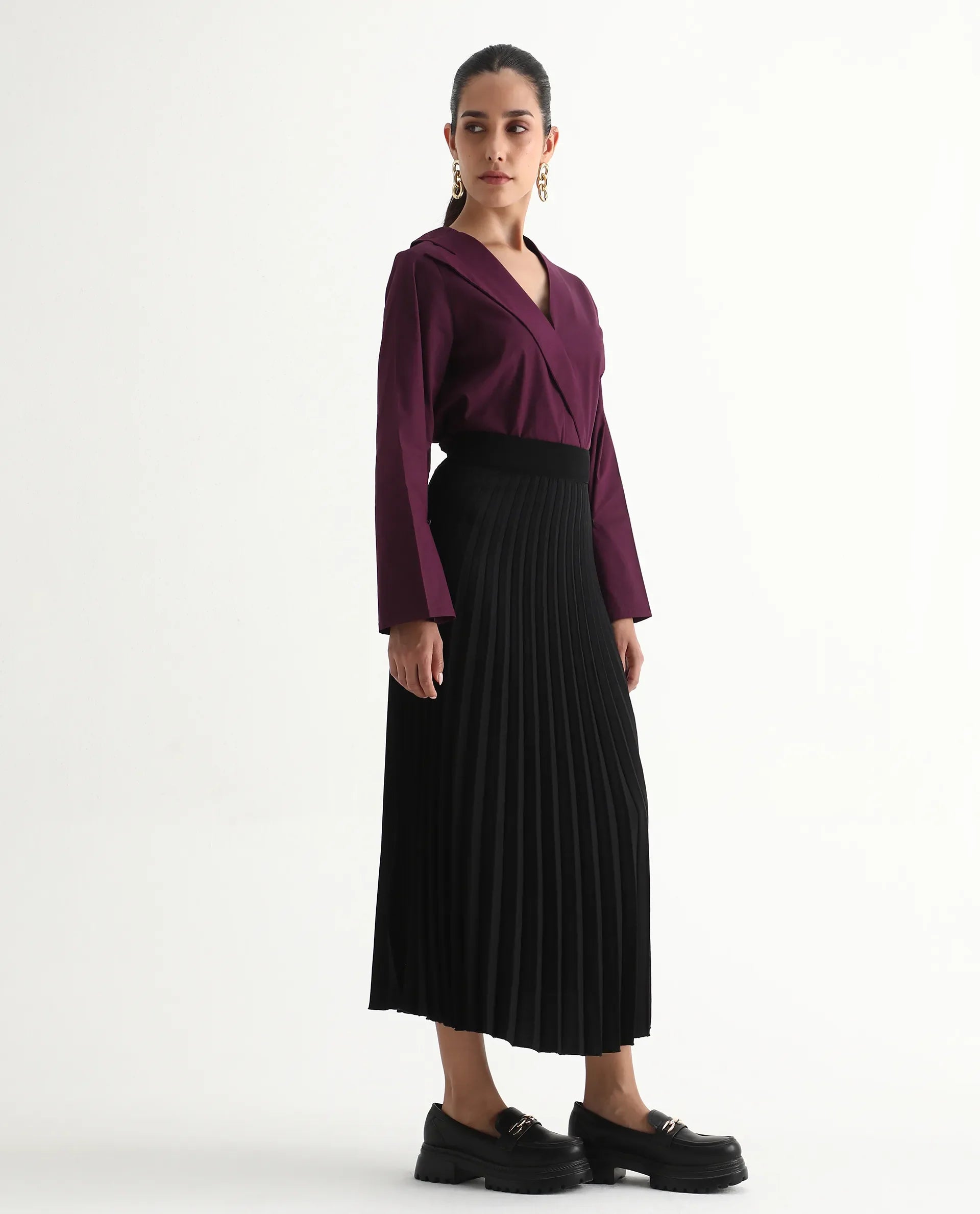 Rareism Women's Avid Black Polyester Flared Skirt