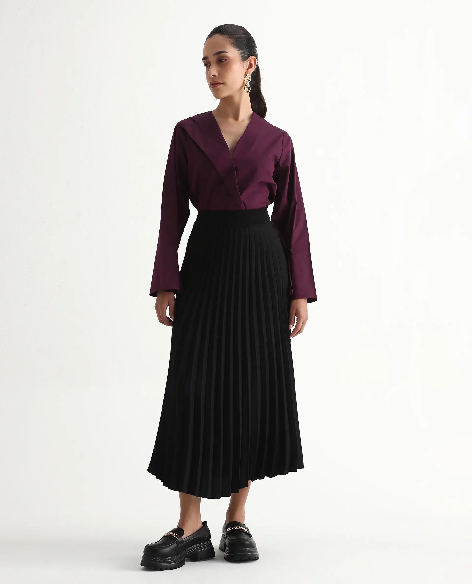 Rareism Women's Avid Black Polyester Flared Skirt