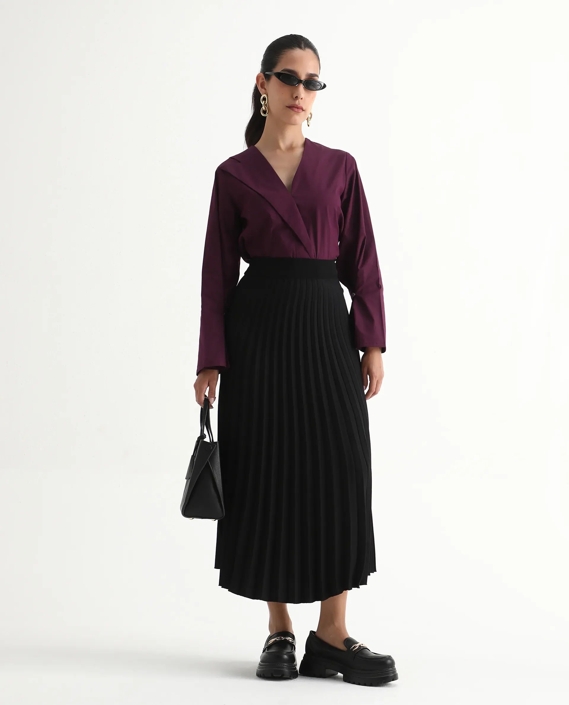 Rareism Women's Avid Black Polyester Flared Skirt