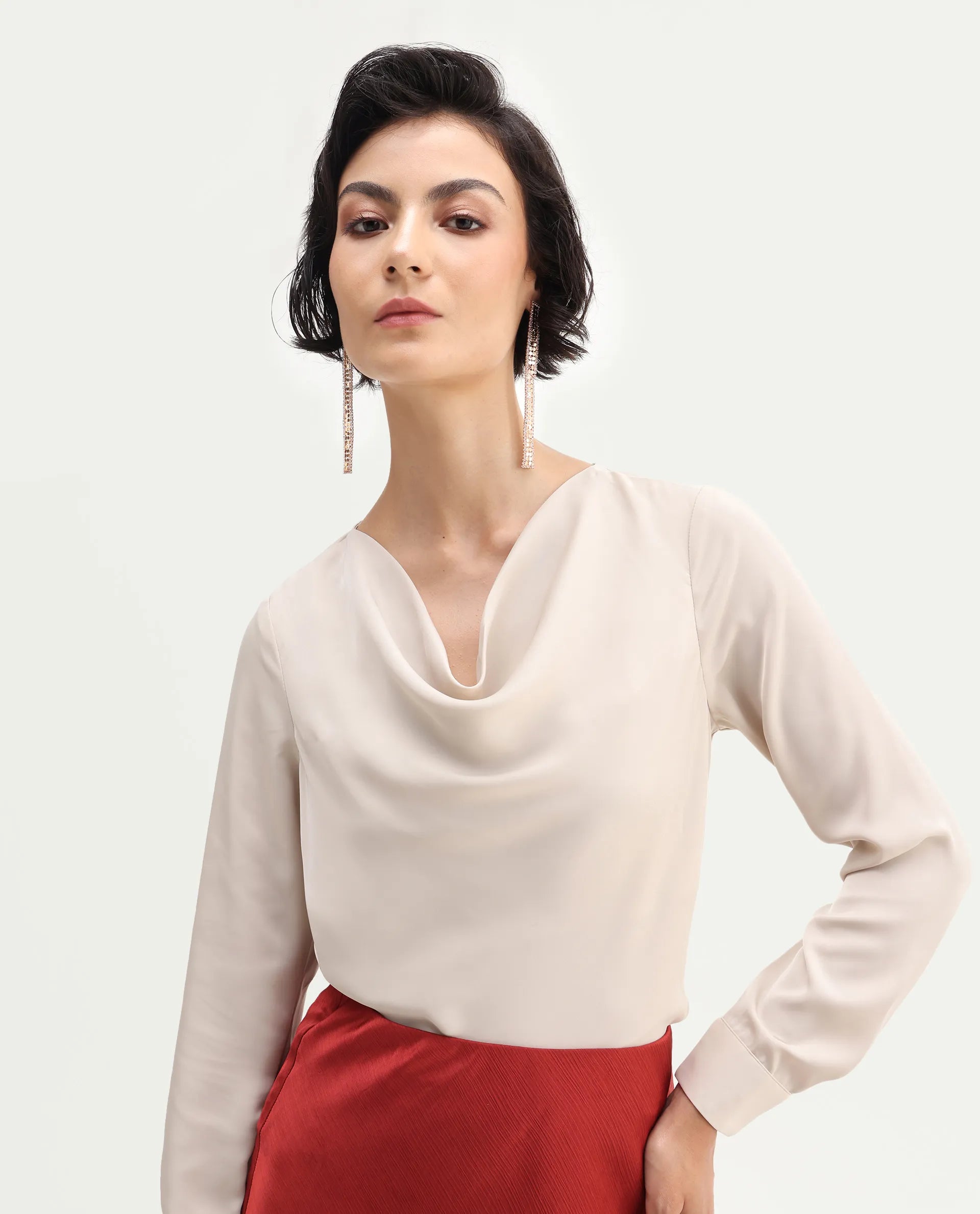 Rareism Women's Avier Beige Polyester Cowl Neck Regular Fit Plain Top