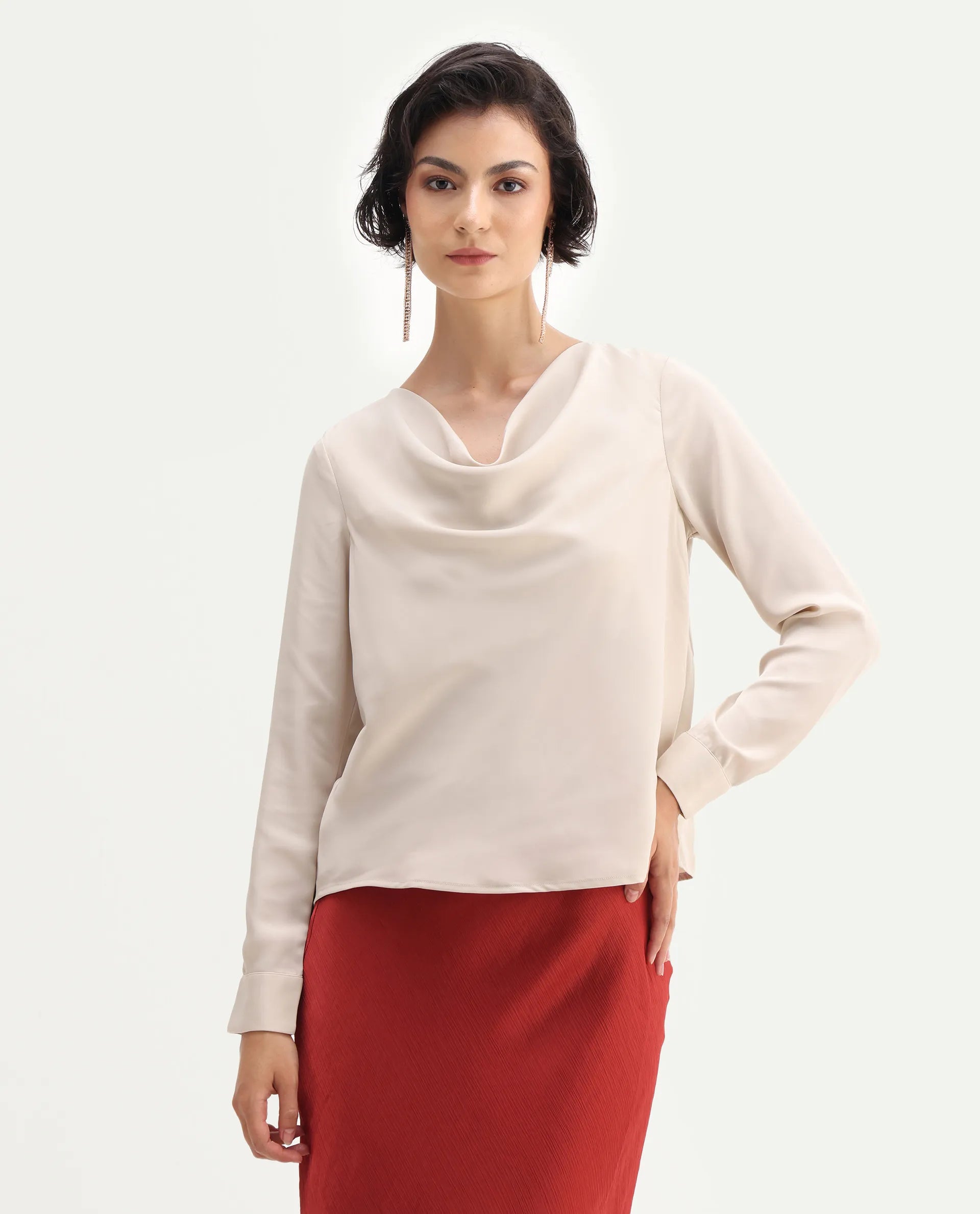 Rareism Women's Avier Beige Polyester Cowl Neck Regular Fit Plain Top