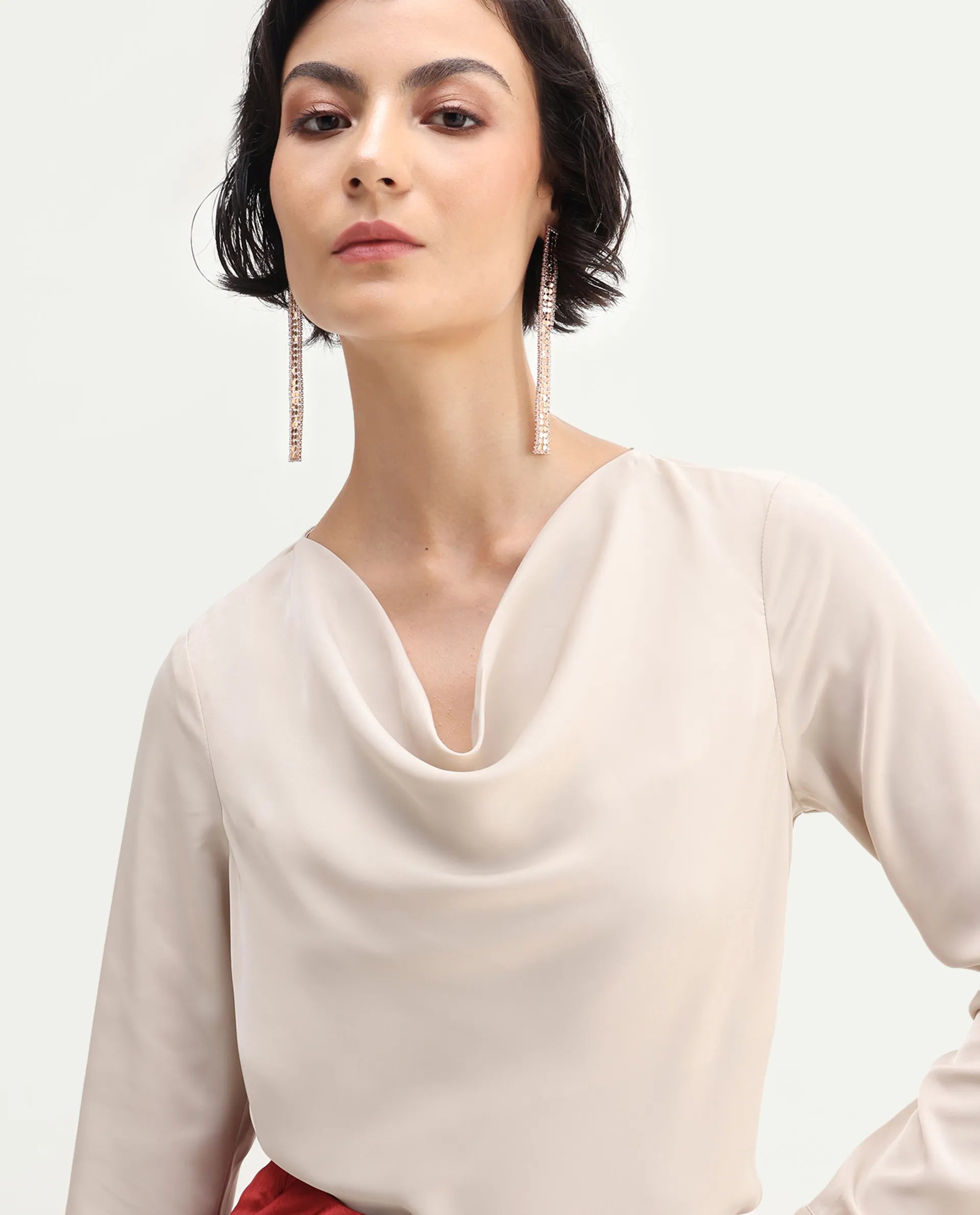 Rareism Women's Avier Beige Polyester Cowl Neck Regular Fit Plain Top