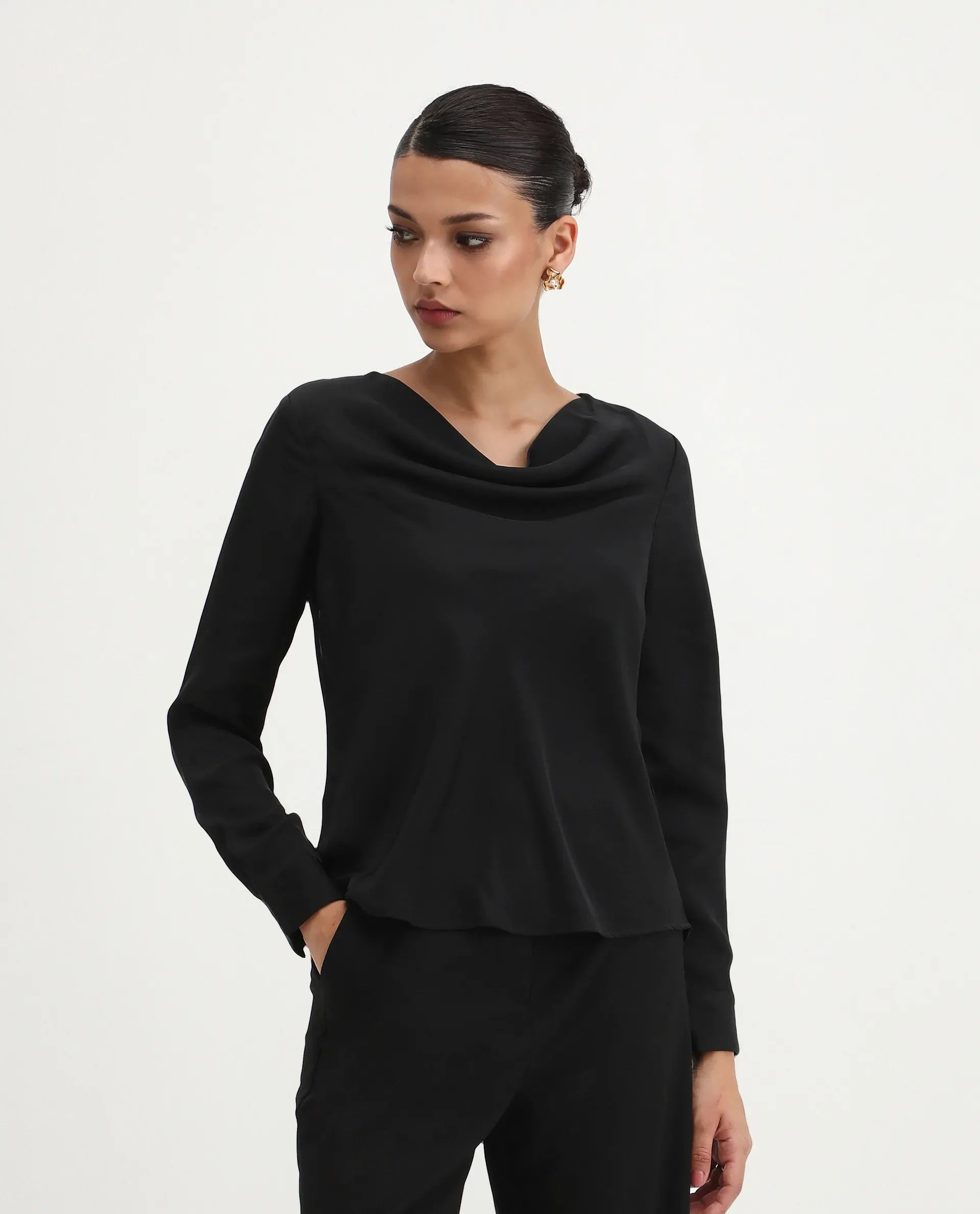 Rareism Women's Avier Black Polyester Cowl Neck Regular Fit Plain Top