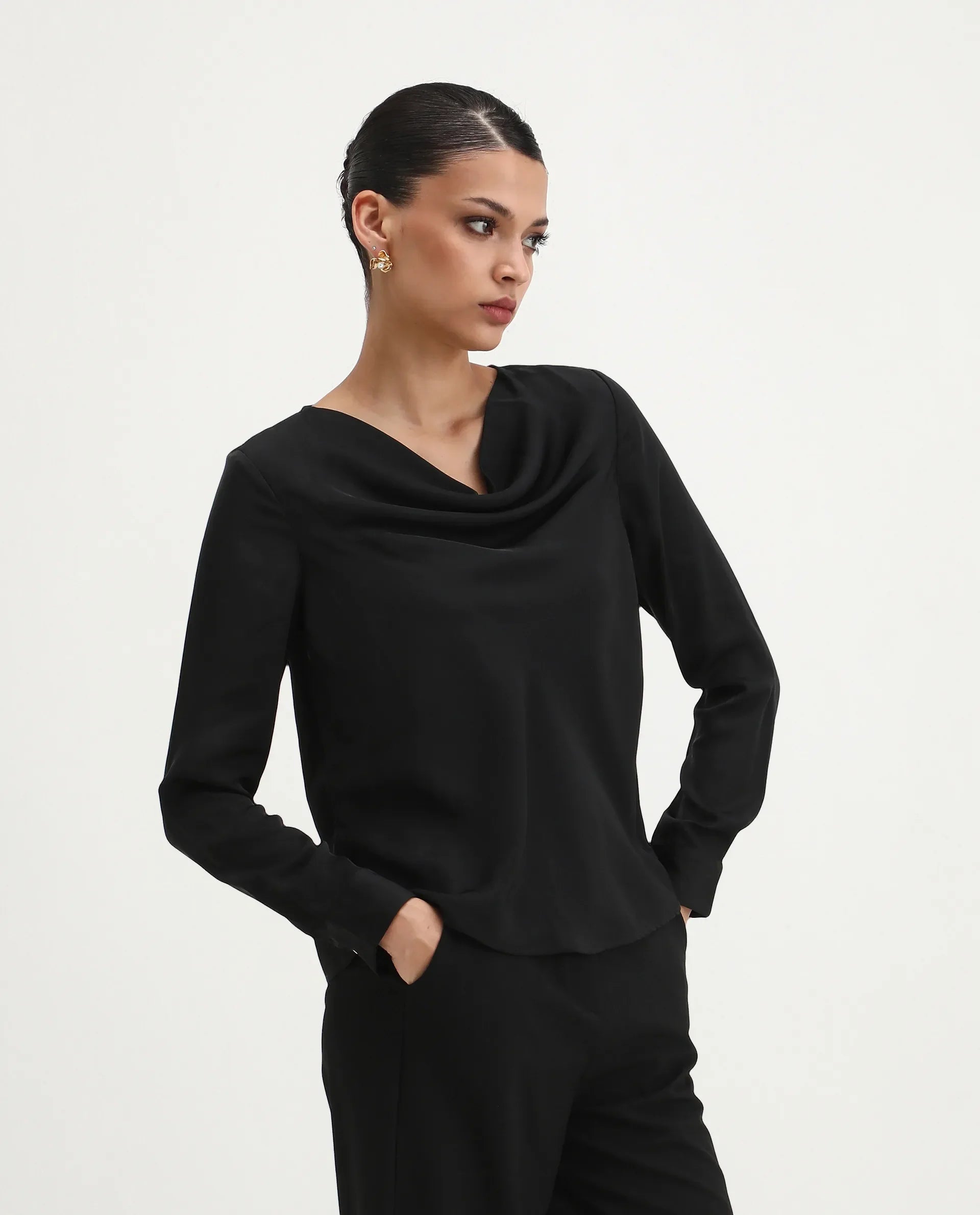 Rareism Women's Avier Black Polyester Cowl Neck Regular Fit Plain Top