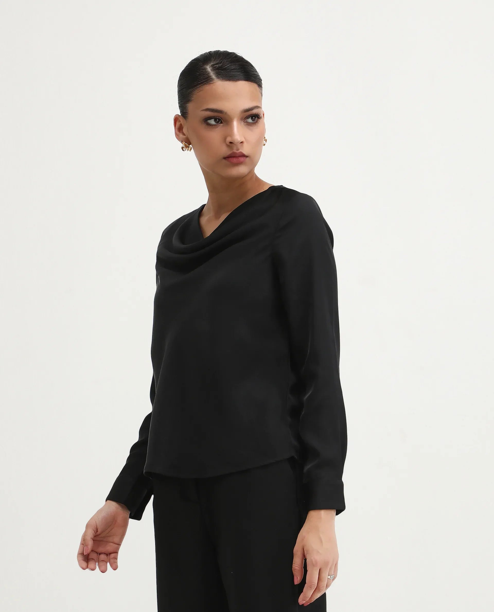 Rareism Women's Avier Black Polyester Cowl Neck Regular Fit Plain Top