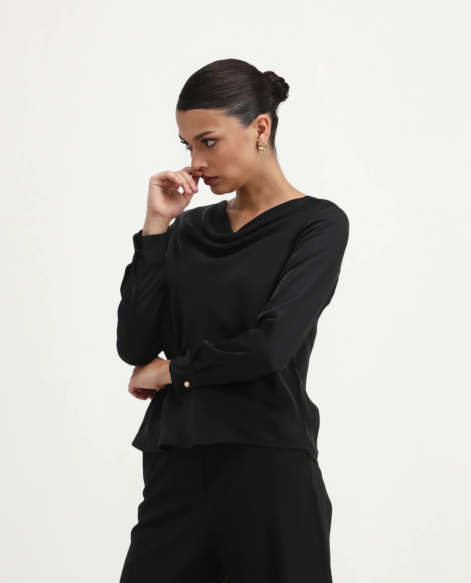 Rareism Women's Avier Black Polyester Cowl Neck Regular Fit Plain Top