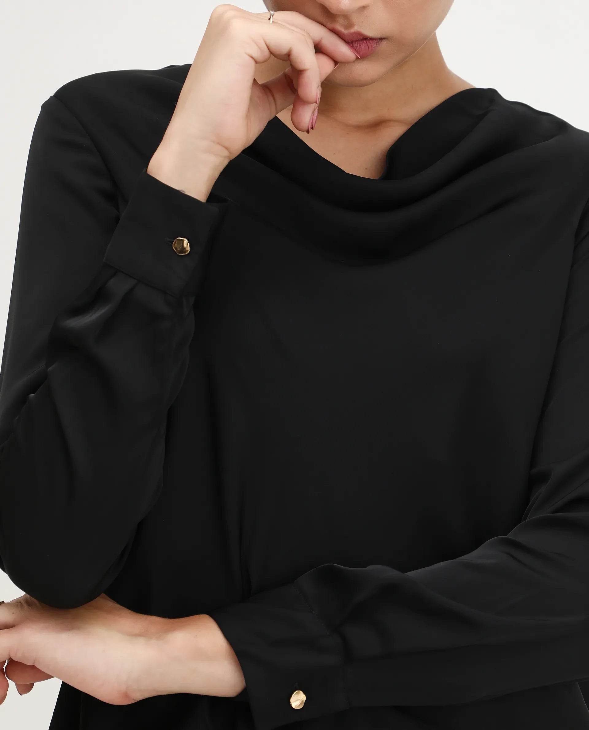 Rareism Women's Avier Black Polyester Cowl Neck Regular Fit Plain Top