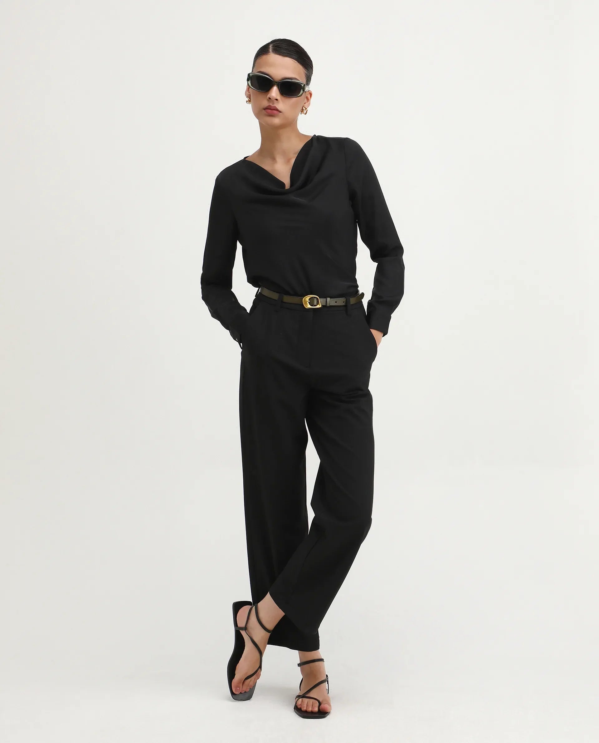 Rareism Women's Avier Black Polyester Cowl Neck Regular Fit Plain Top