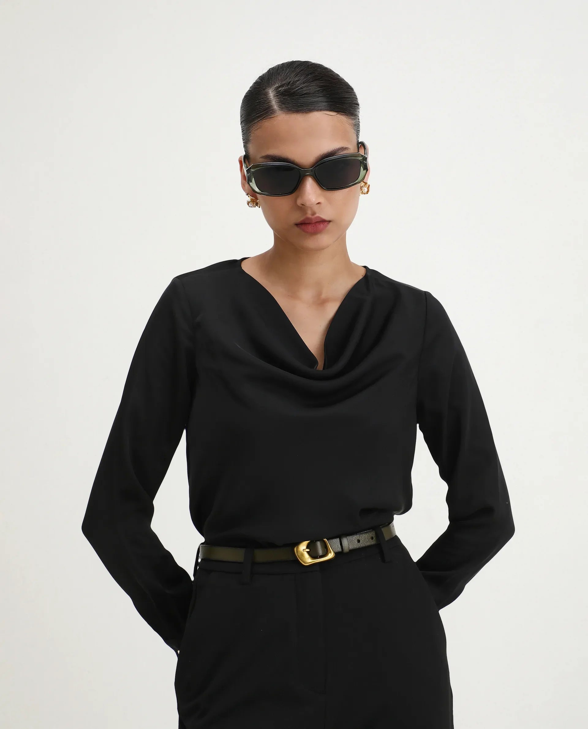 Rareism Women's Avier Black Polyester Cowl Neck Regular Fit Plain Top