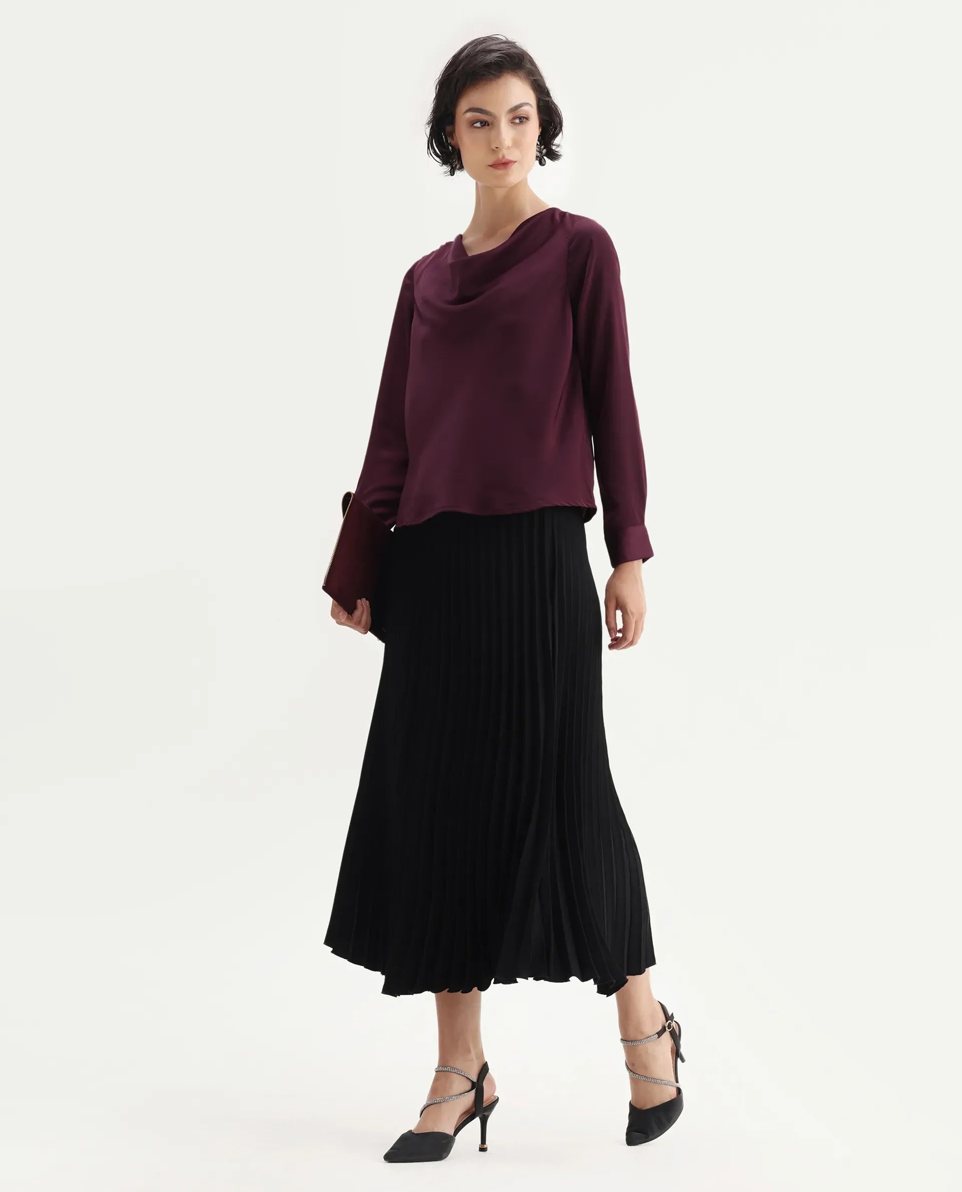 Rareism Women's Avier Maroon Polyester Cowl Neck Regular Fit Plain Top