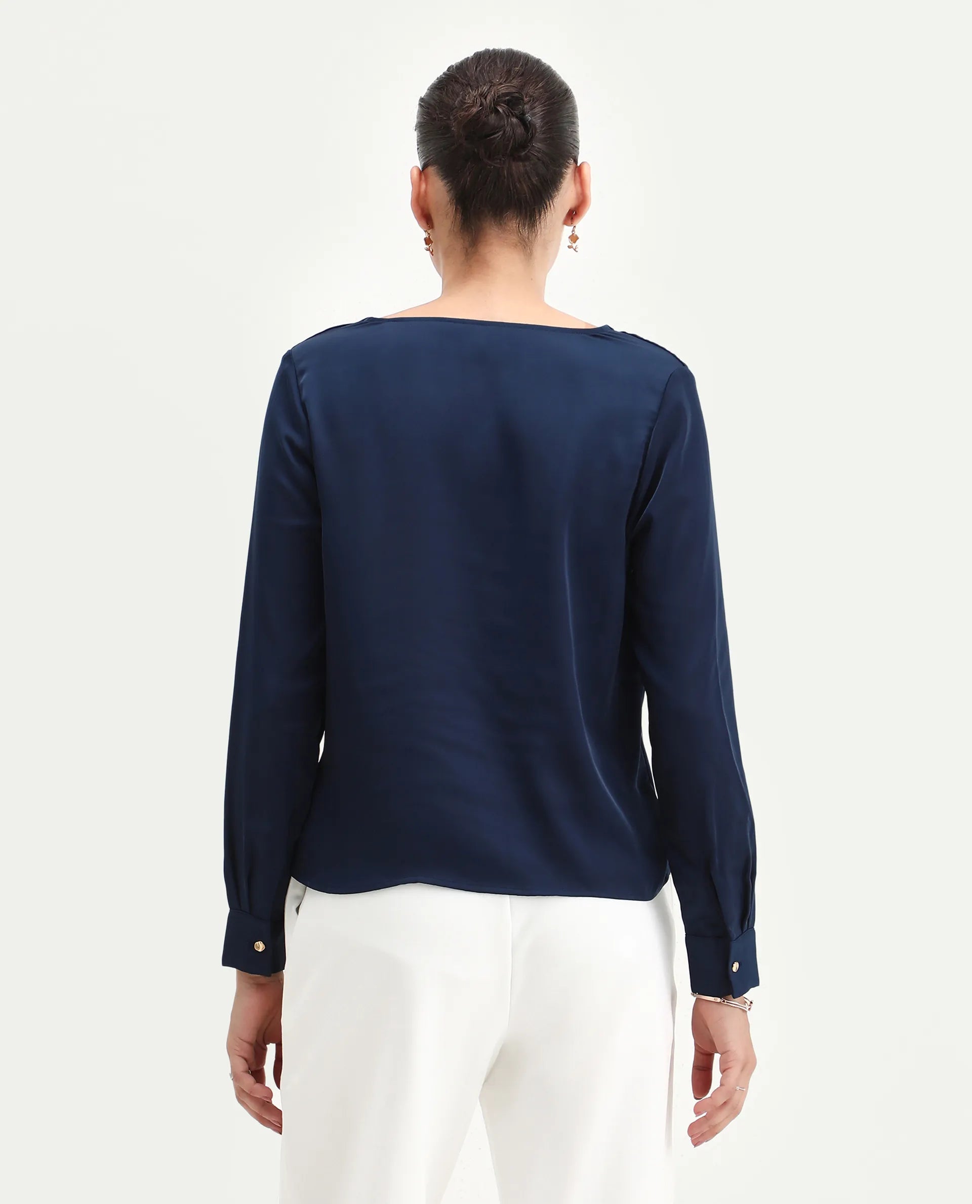 Rareism Women's Avier Navy Polyester Cowl Neck Regular Fit Plain Top