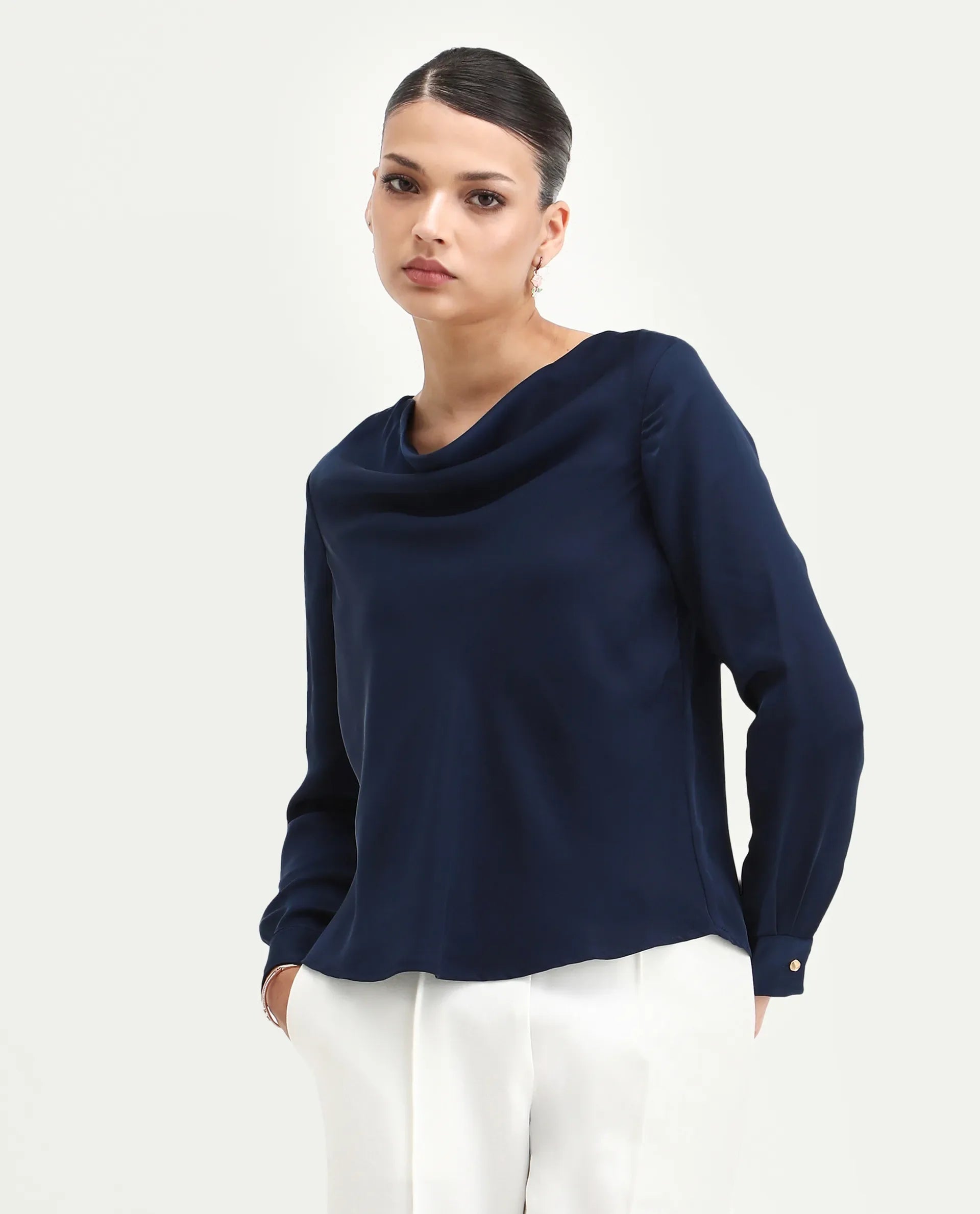 Rareism Women's Avier Navy Polyester Cowl Neck Regular Fit Plain Top