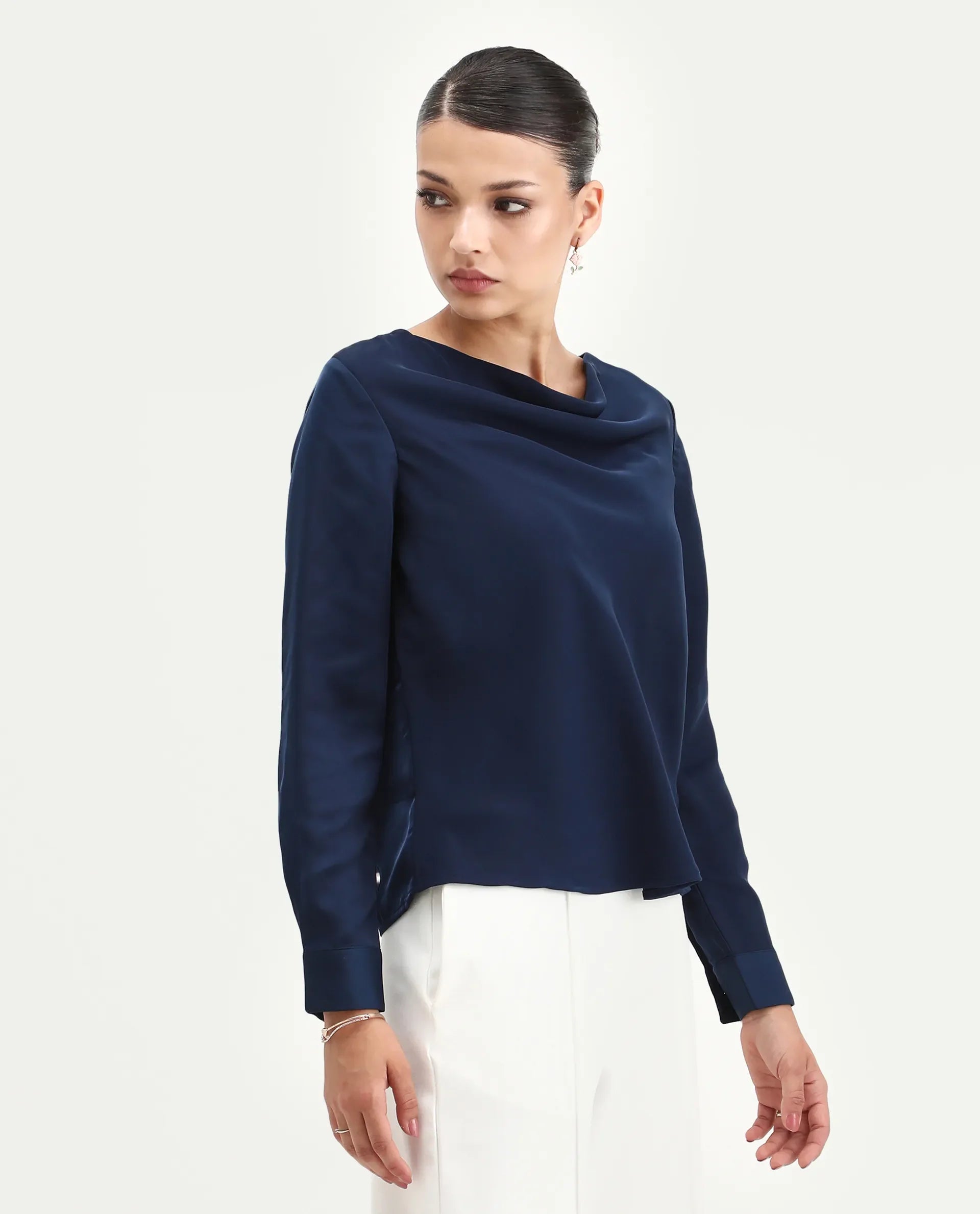 Rareism Women's Avier Navy Polyester Cowl Neck Regular Fit Plain Top