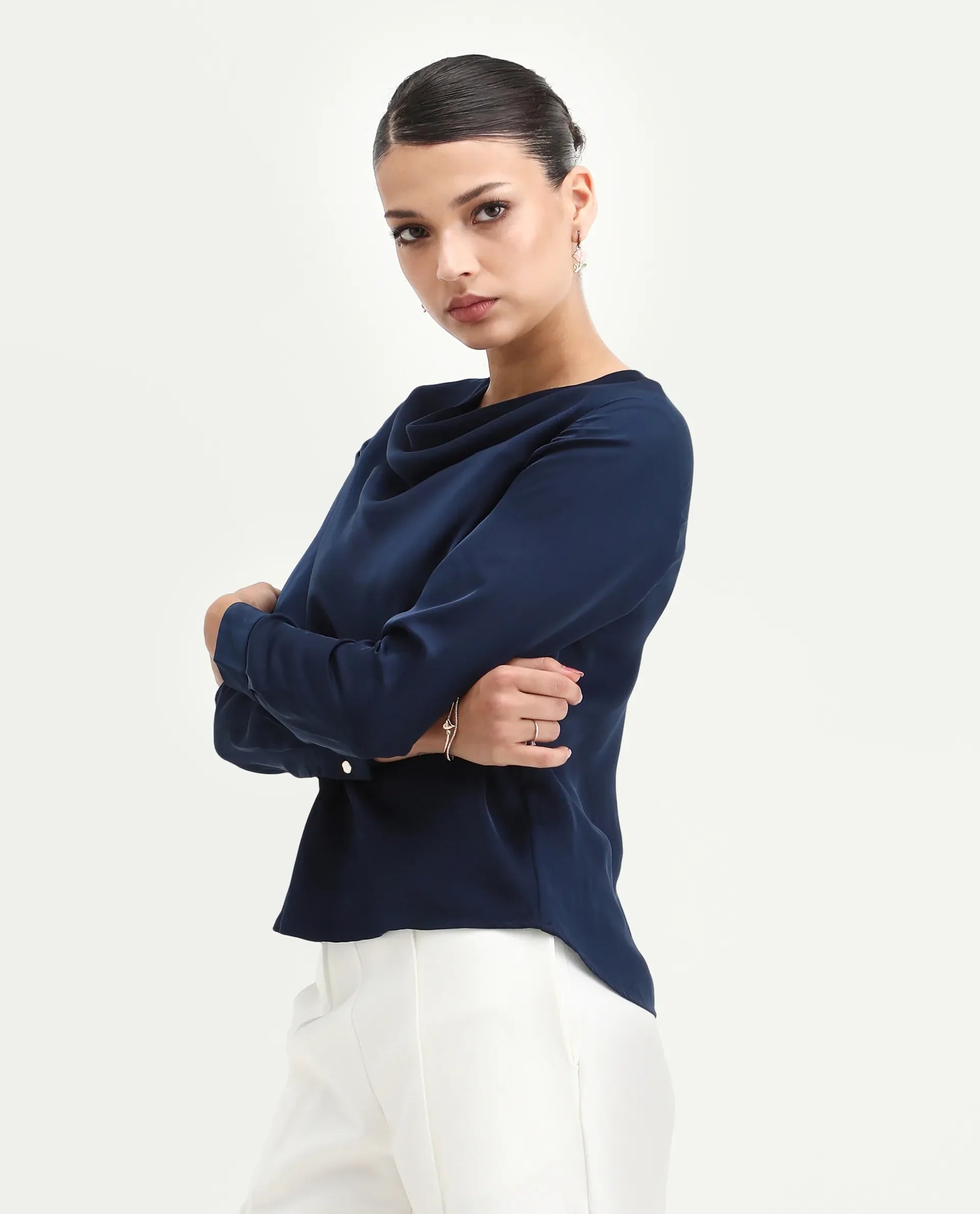 Rareism Women's Avier Navy Polyester Cowl Neck Regular Fit Plain Top