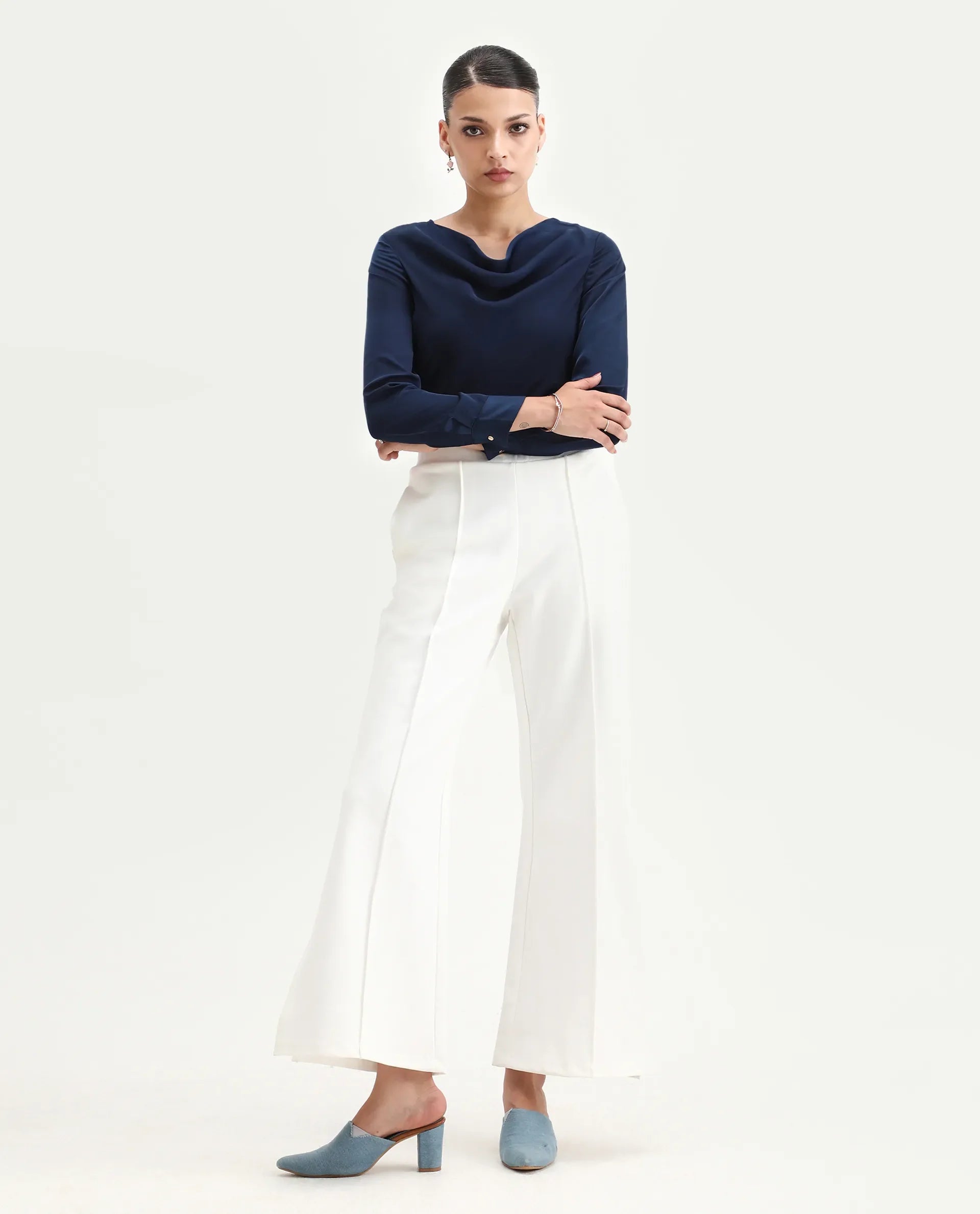 Rareism Women's Avier Navy Polyester Cowl Neck Regular Fit Plain Top