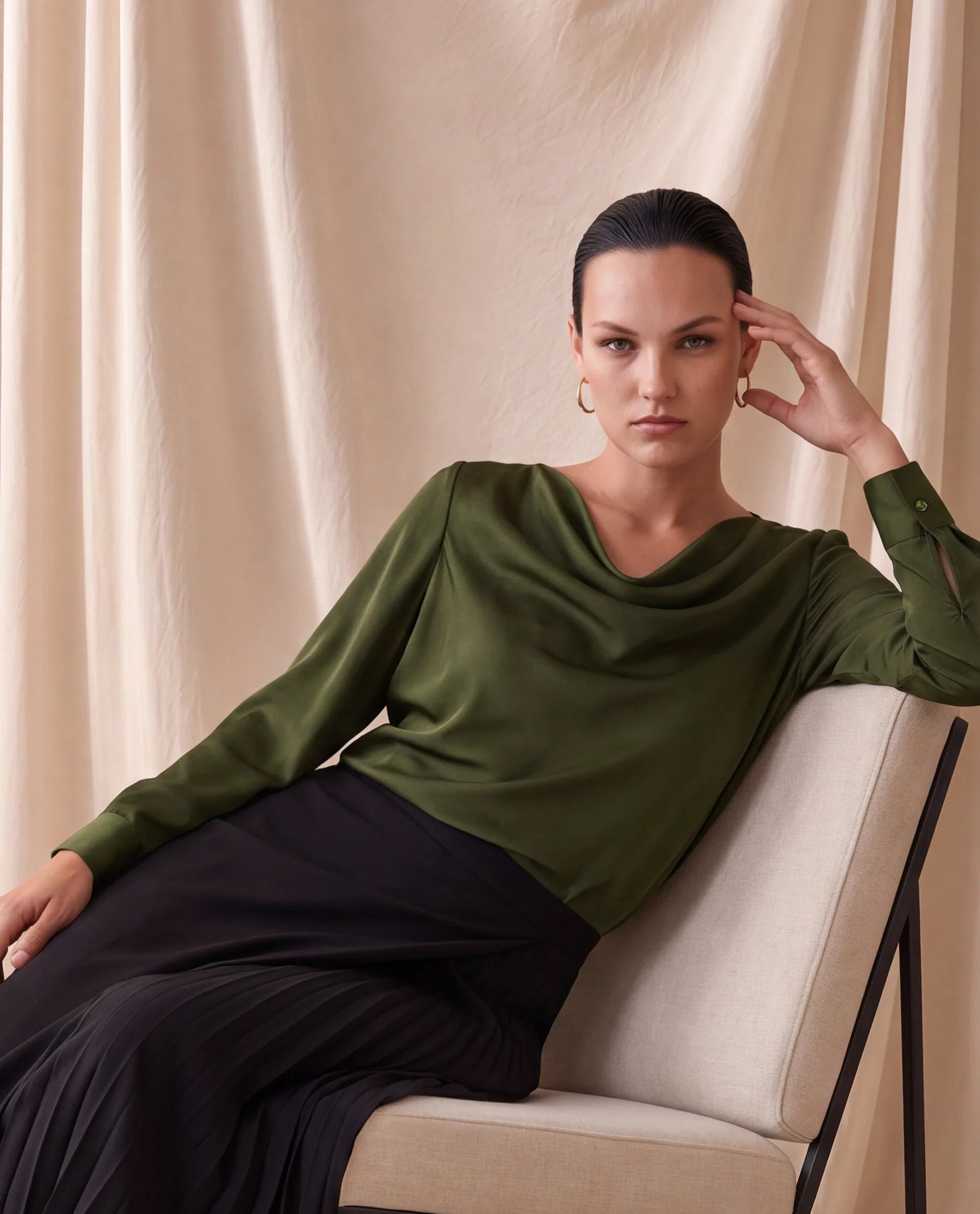 Rareism Women's Avier Olive Polyester Full Sleeve Cowl Neck Regular Fit Plain Top