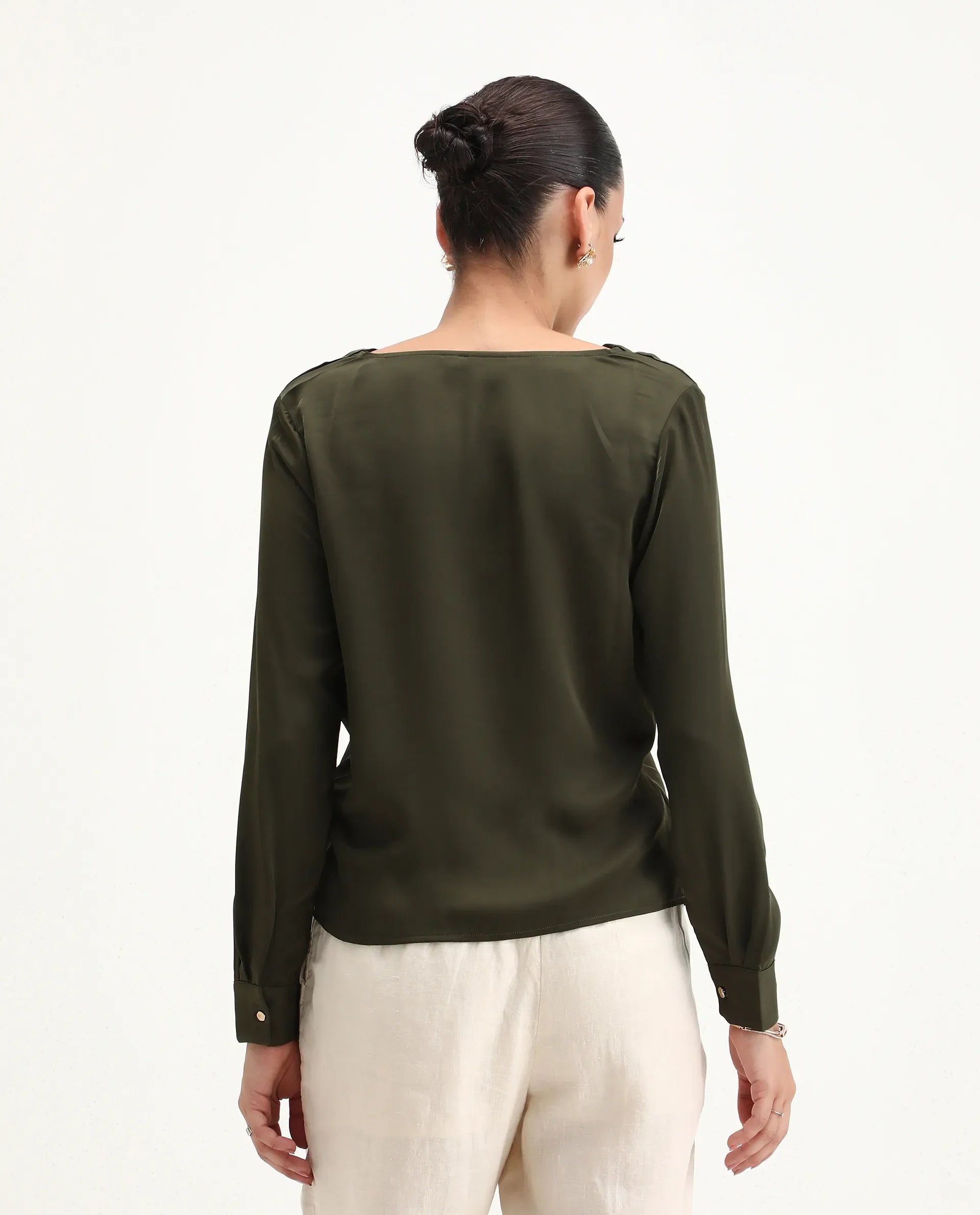 Rareism Women's Avier Olive Polyester Cowl Neck Regular Fit Plain Top