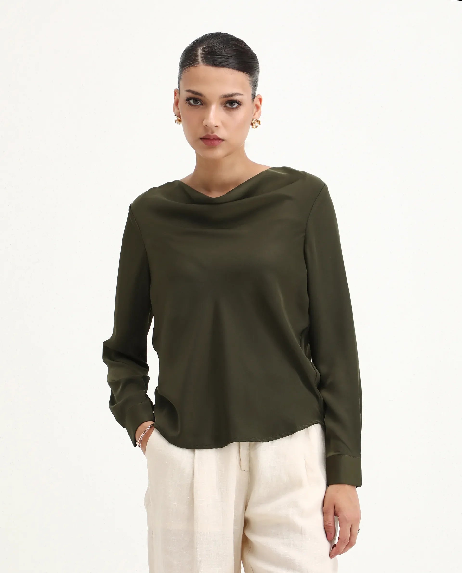 Rareism Women's Avier Olive Polyester Cowl Neck Regular Fit Plain Top