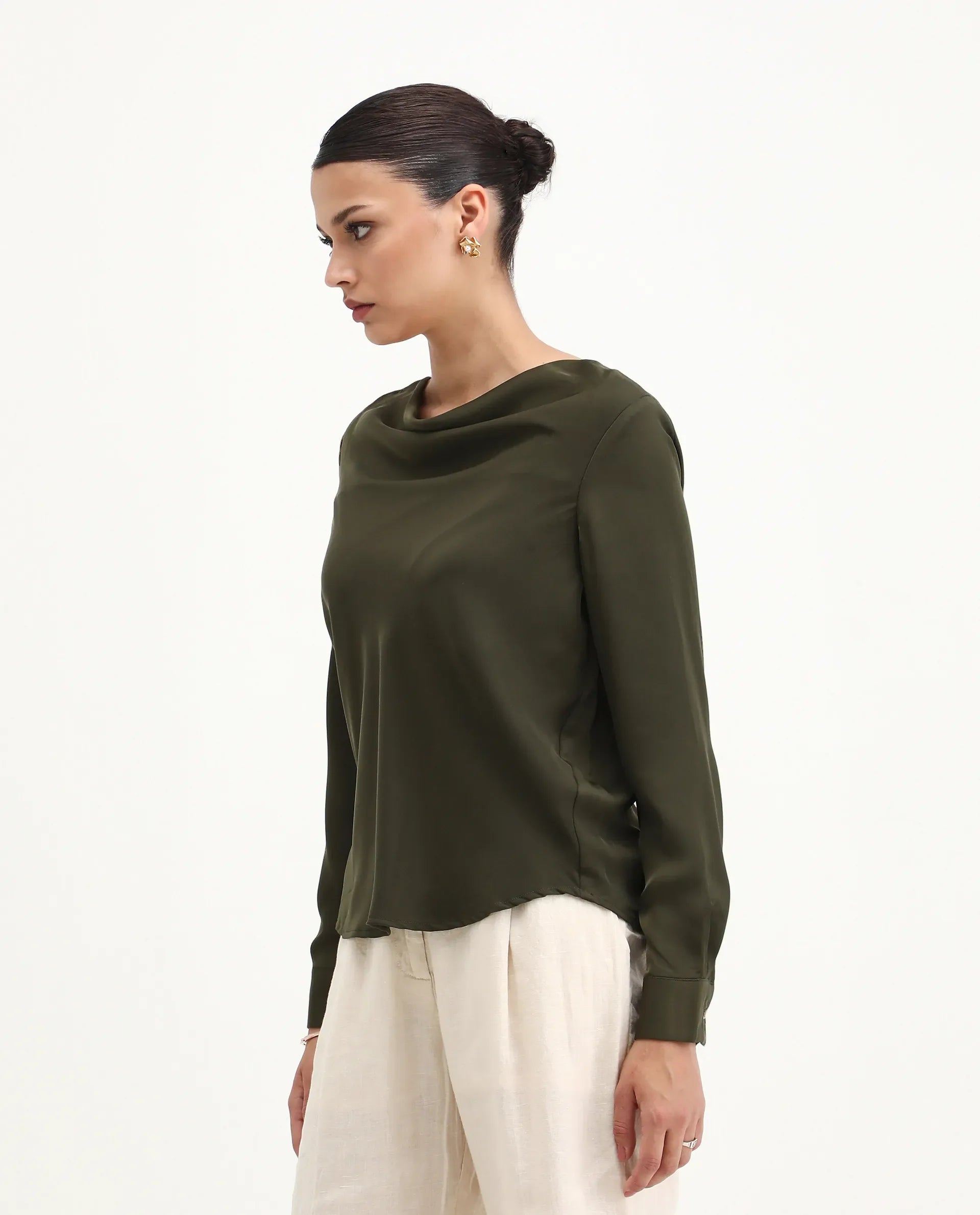 Rareism Women's Avier Olive Polyester Cowl Neck Regular Fit Plain Top