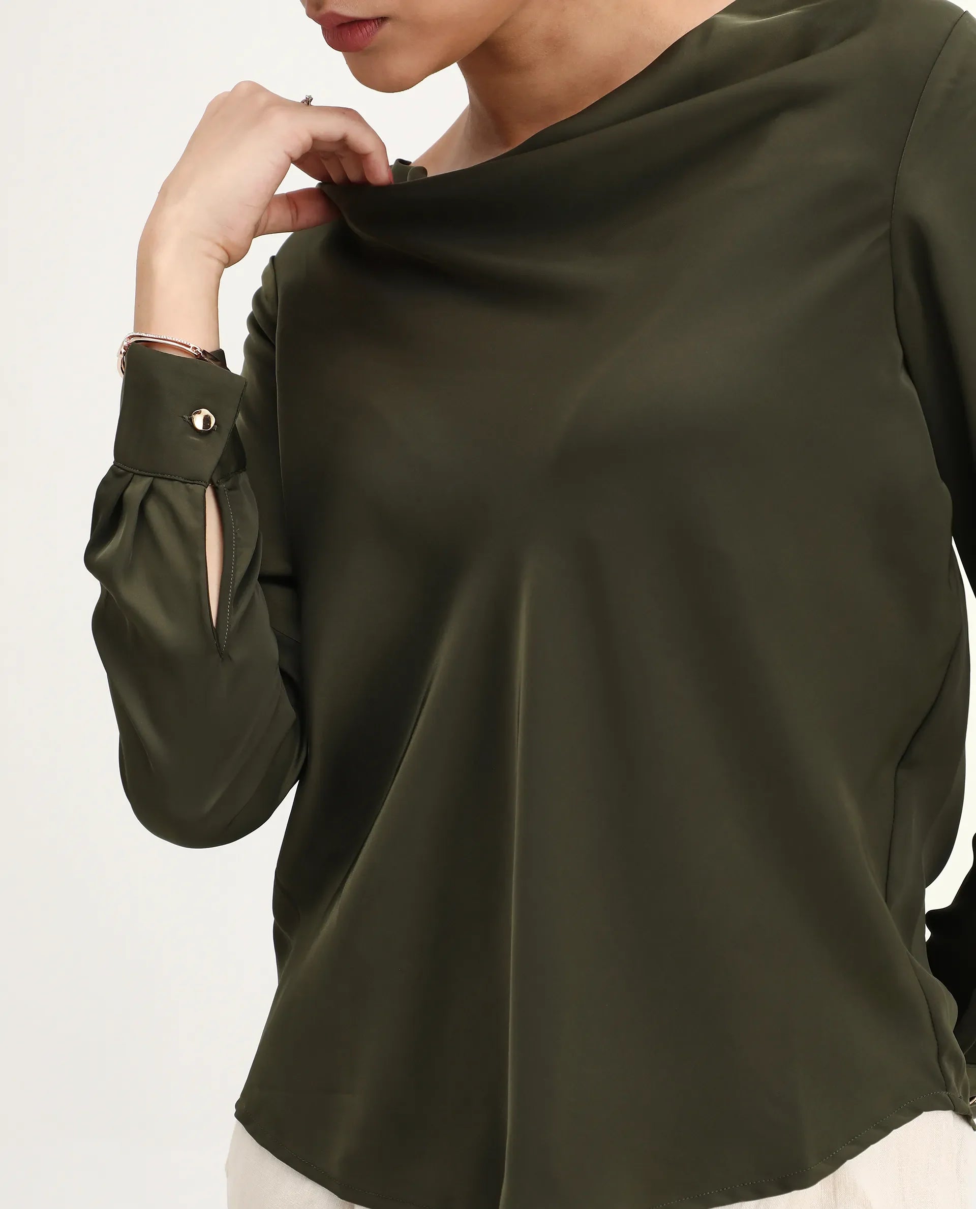 Rareism Women's Avier Olive Polyester Cowl Neck Regular Fit Plain Top