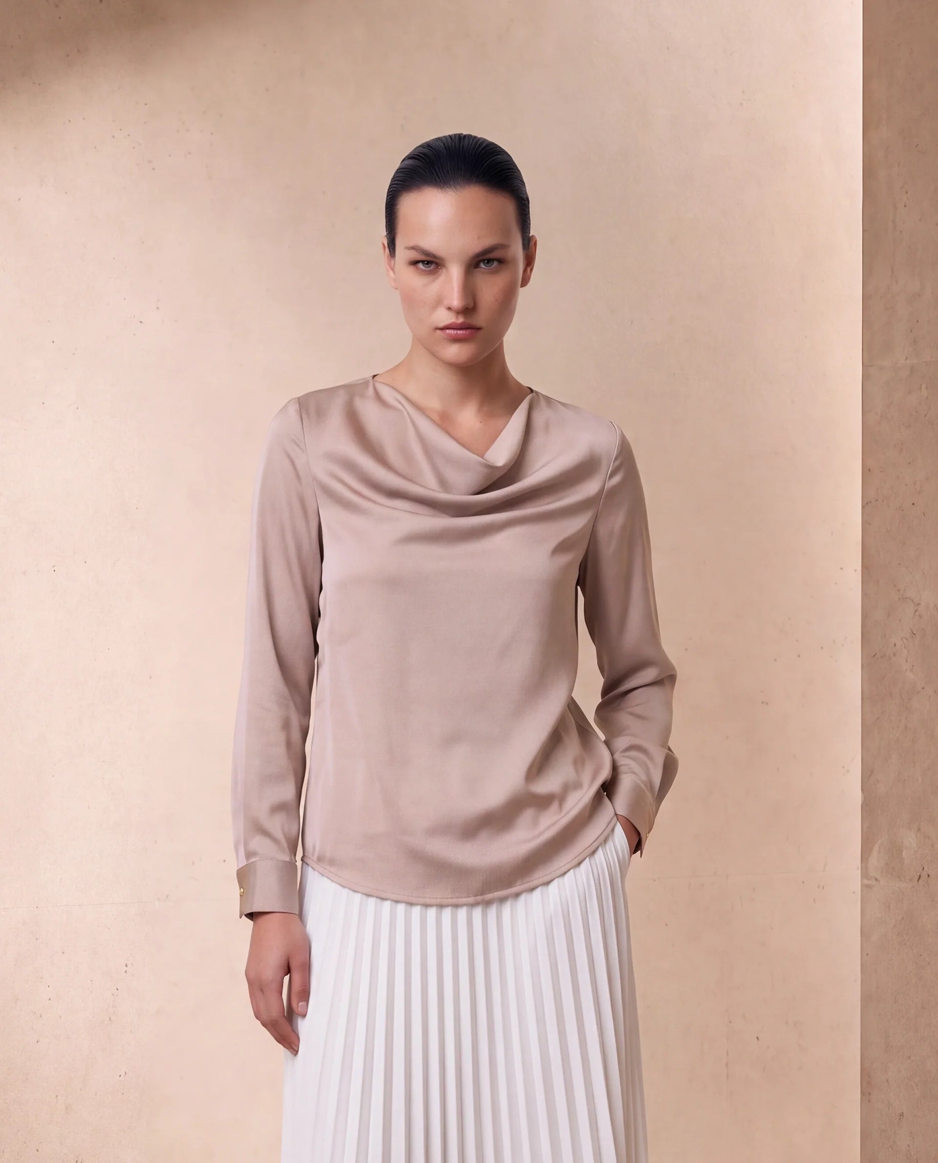 Rareism Women's Avier Dusky Pink Polyester Full Sleeve Cowl Neck Regular Fit Plain Top