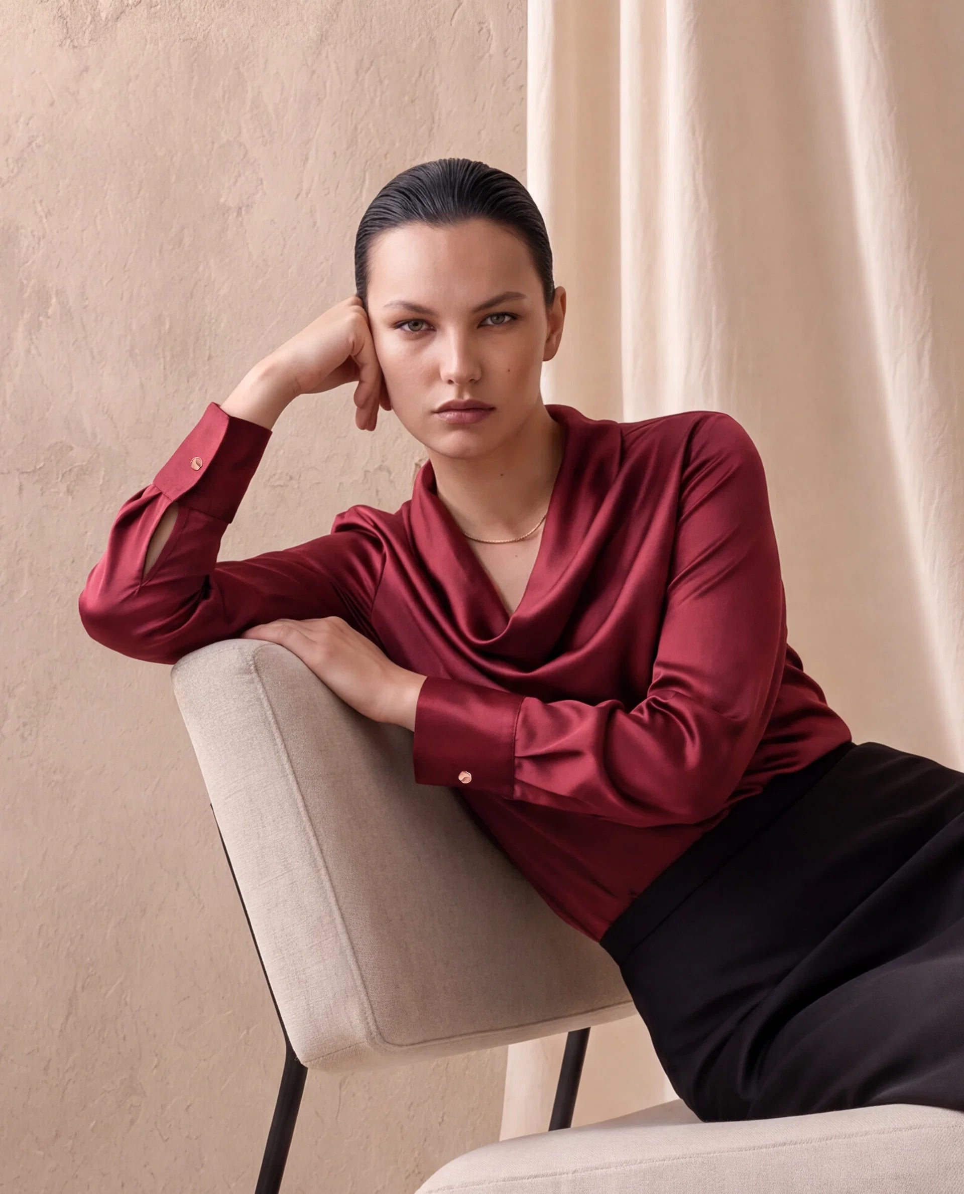 Rareism Women's Avier Dark Red Polyester Full Sleeve Cowl Neck Regular Fit Plain Top