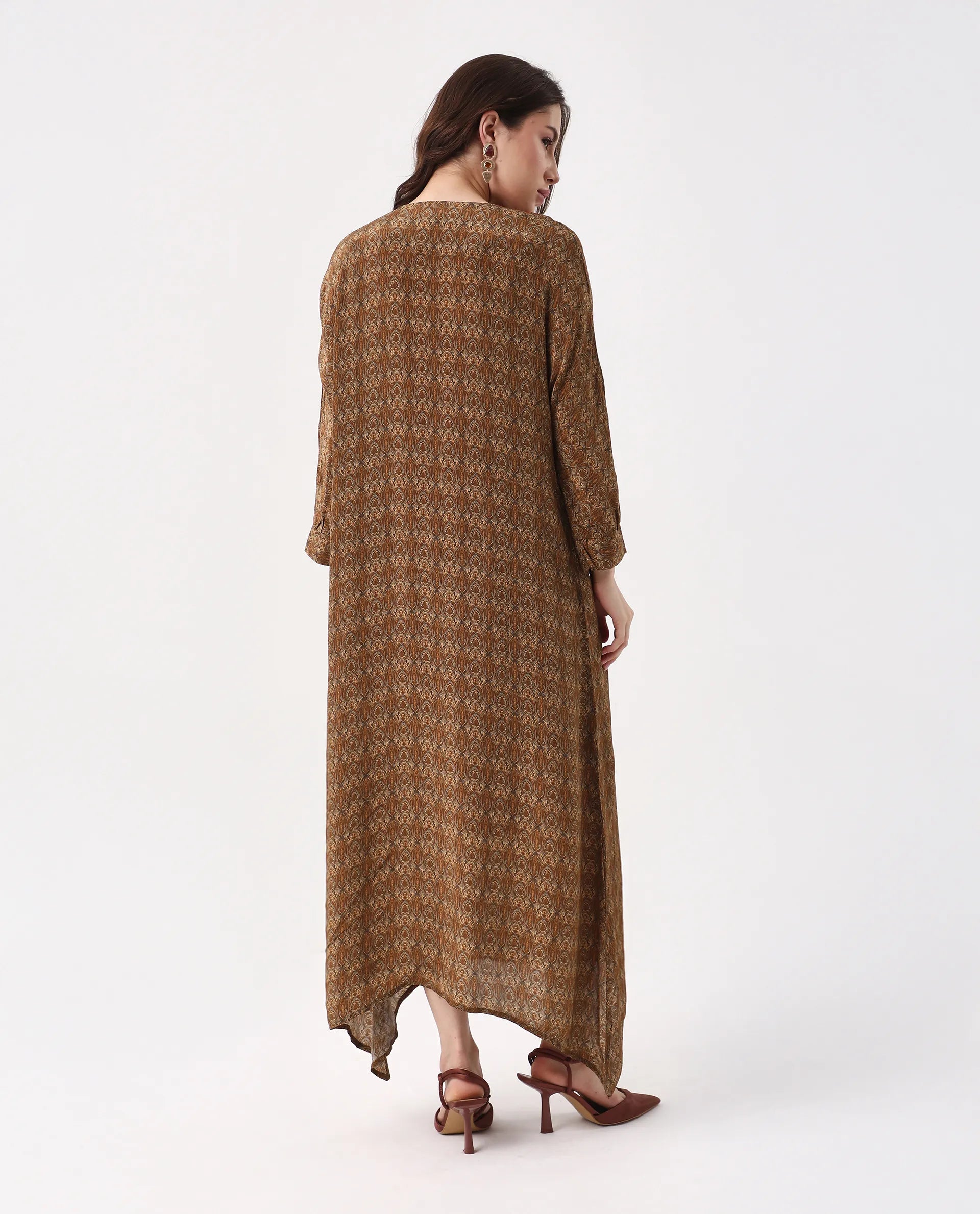 Rareism Women's Avikan Mustard Viscose Crew Neck Relaxed Fit Dress