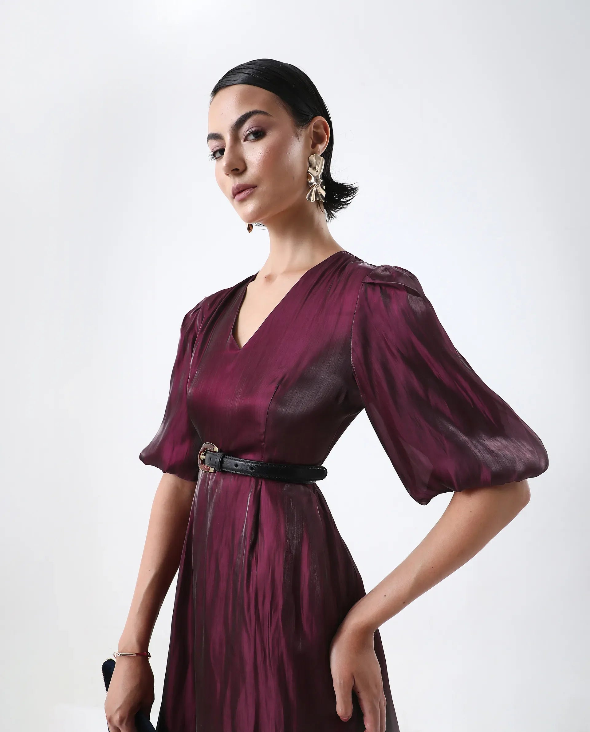 Rareism Women's Avilia Maroon Polyester Round Neck Fit And Flare Plain Midi Dress