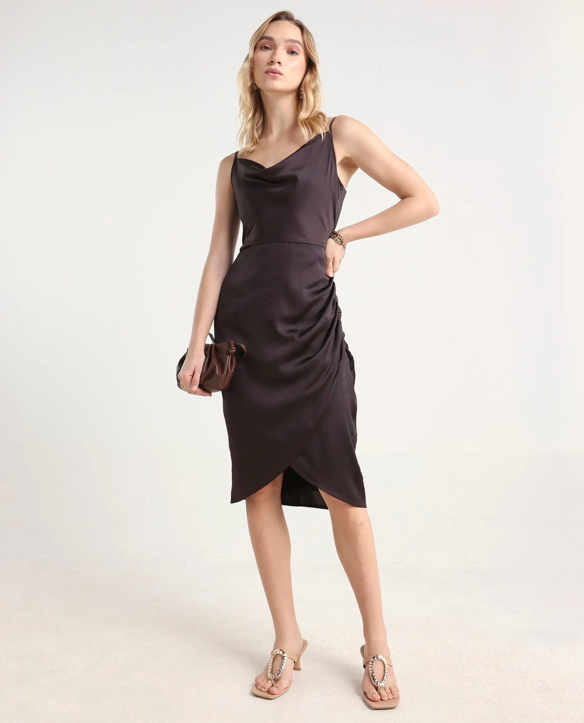 Rareism Women's Avilim Brown Polyester Fitted Mini Dress