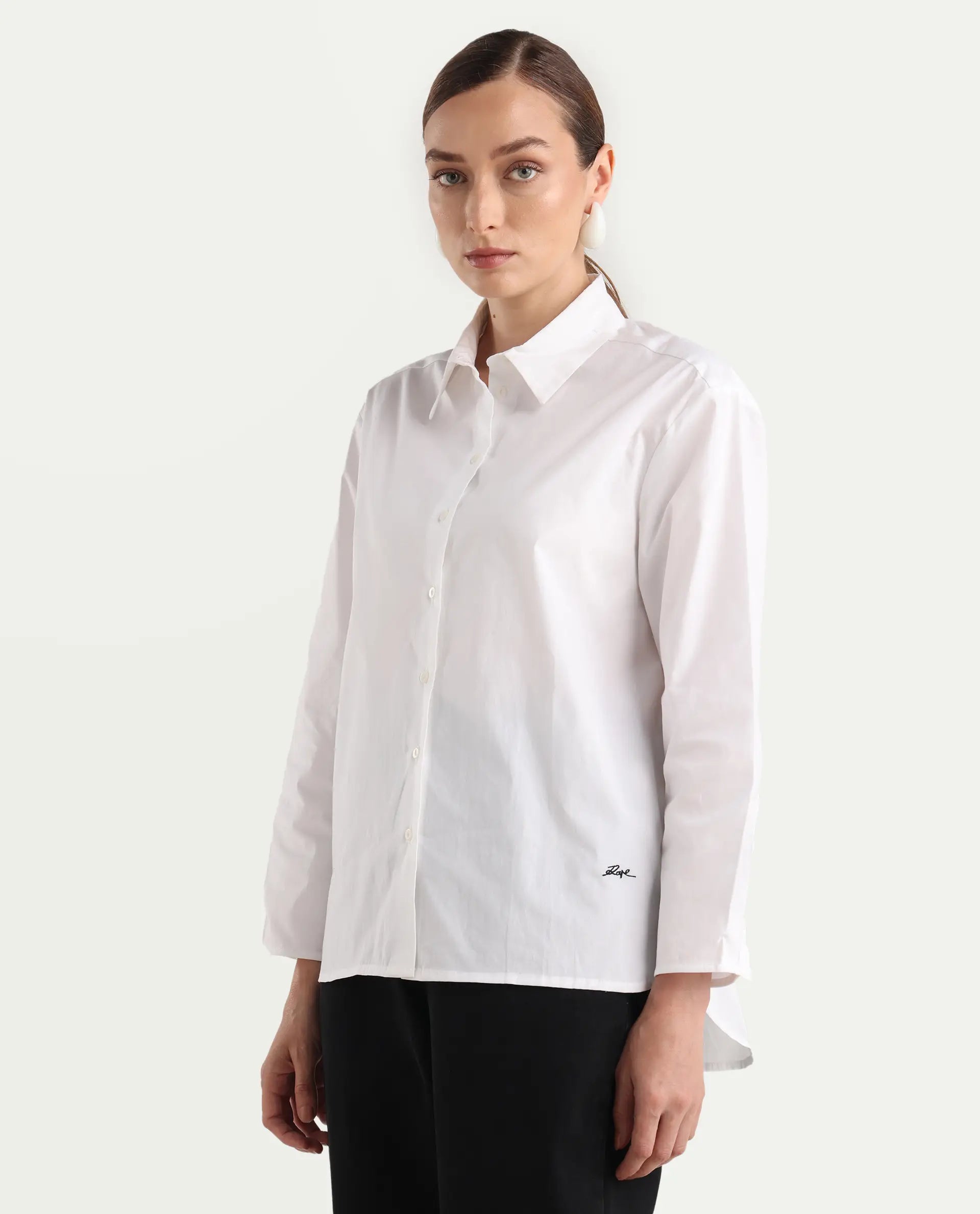 Rareism Women's Avilon Pastel White Cotton Blend Spread Collar Boxy Plain Shirt