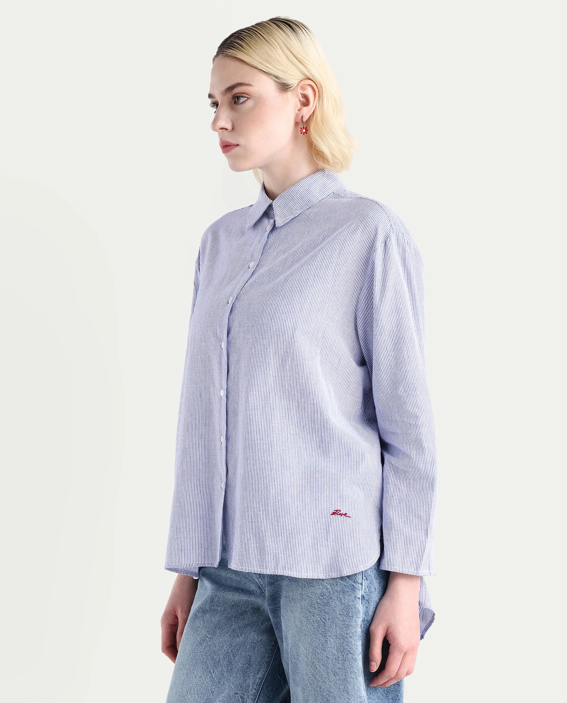 Rareism Women's Avilony Light Blue Cotton Spread Collar Boxy Fit Shirt