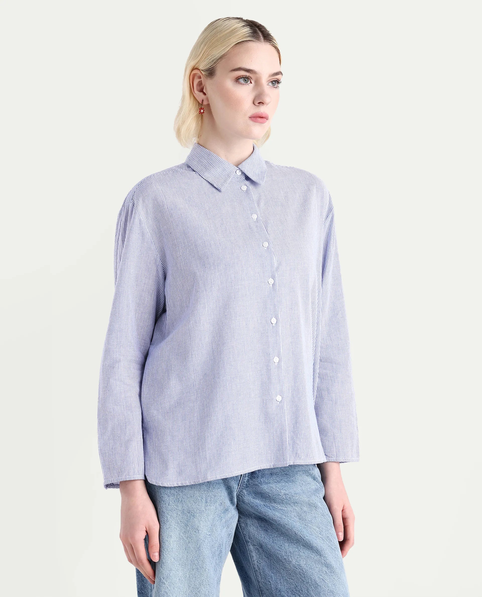 Rareism Women's Avilony Light Blue Cotton Spread Collar Boxy Fit Shirt