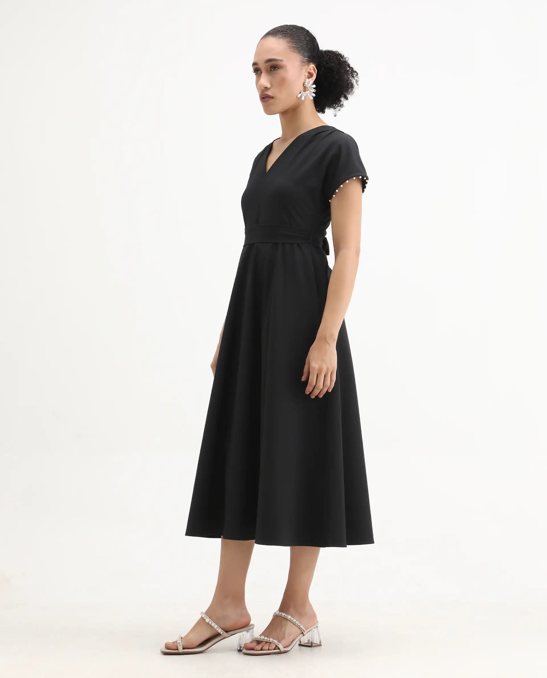 Rareism Women Avim Black V-Neck Zipper Closure Fit And Flare Midi Plain Dress