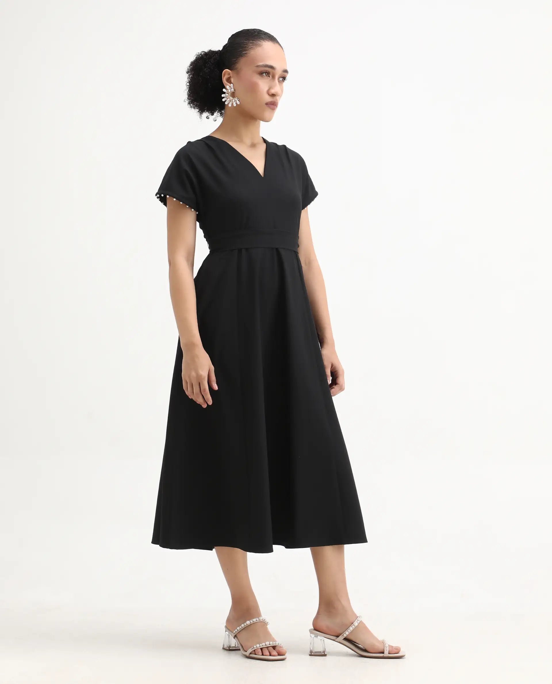 Rareism Women Avim Black V-Neck Zipper Closure Fit And Flare Midi Plain Dress