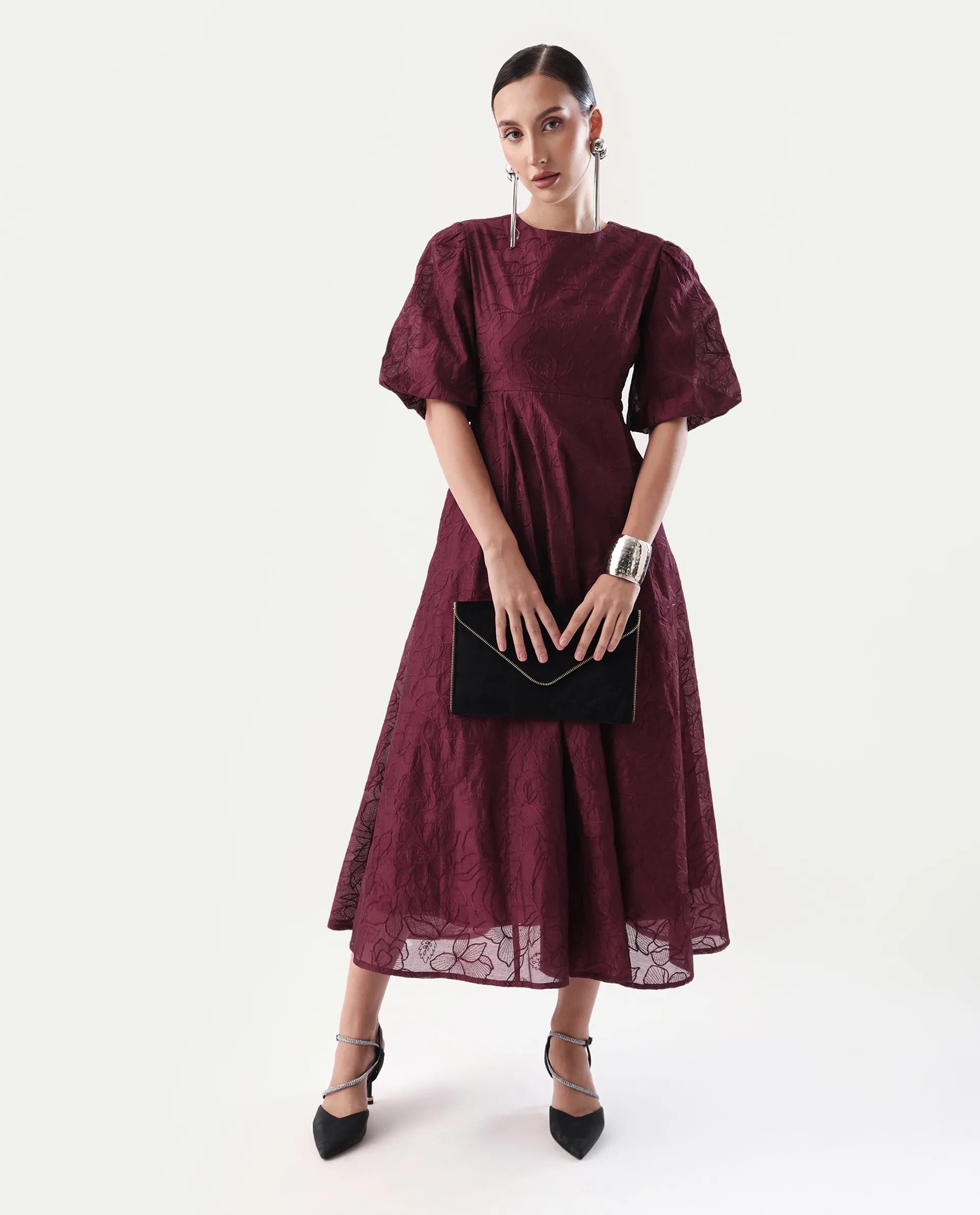 Rareism Women's Avind Maroon Viscose Blend Round Neck Fit And Flare Plain Dress