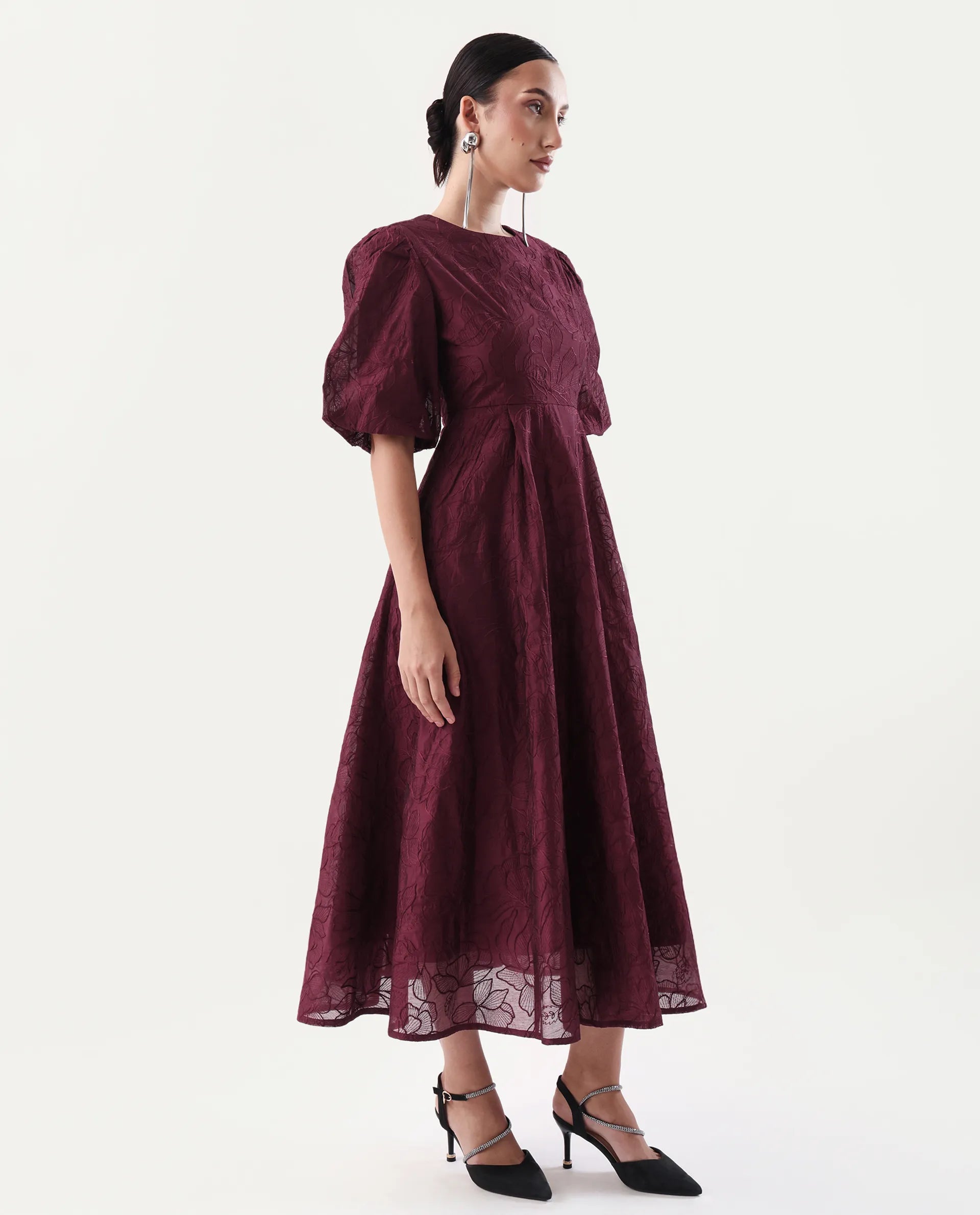 Rareism Women's Avind Maroon Viscose Blend Round Neck Fit And Flare Plain Dress