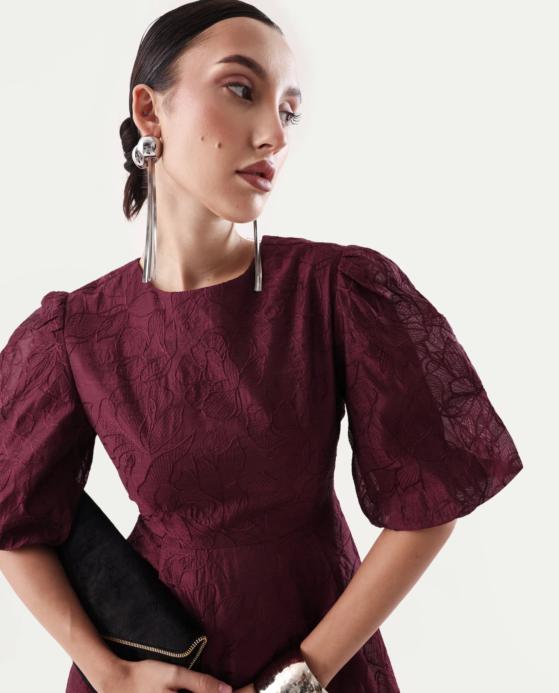 Rareism Women's Avind Maroon Viscose Blend Round Neck Fit And Flare Plain Dress