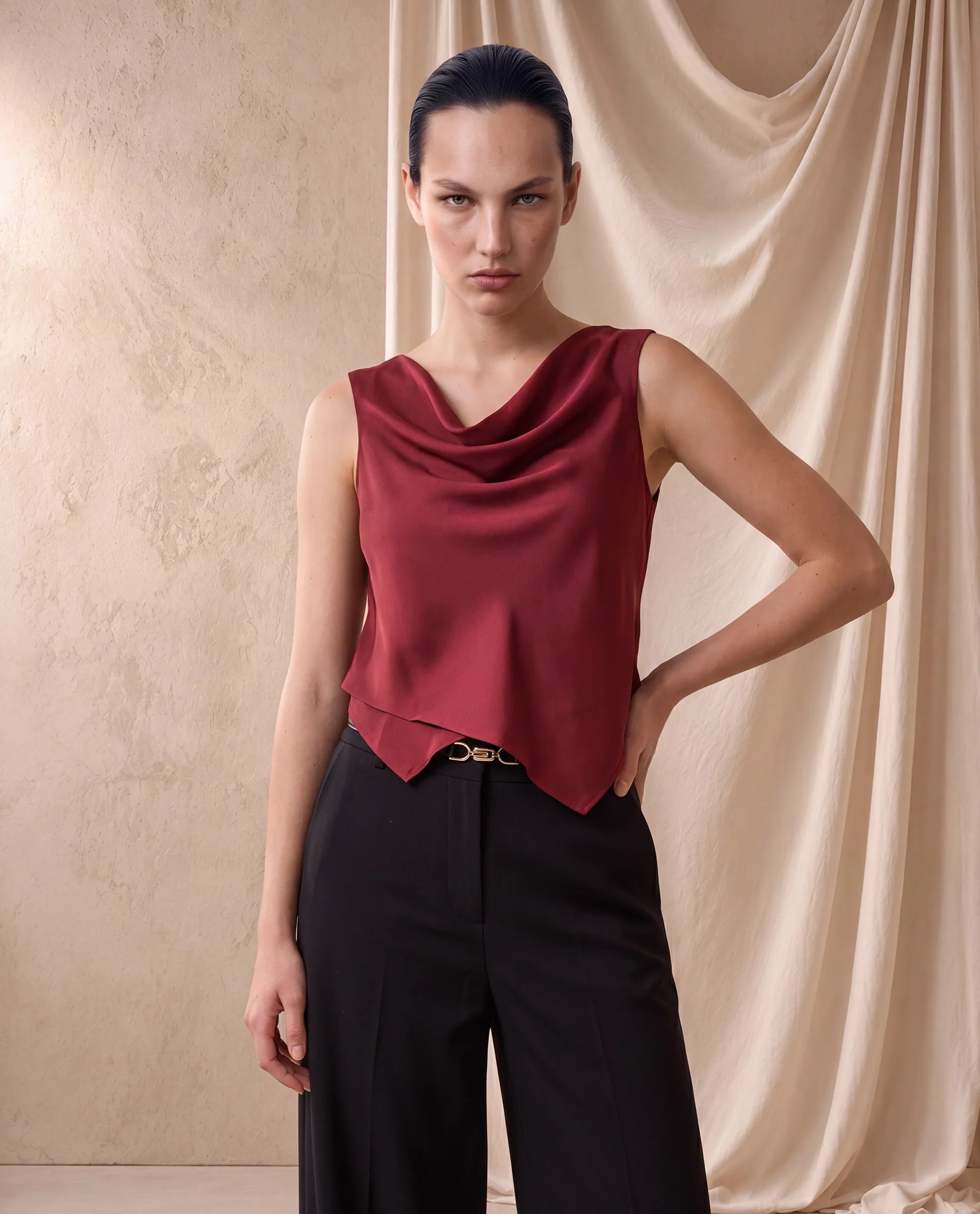 Rareism Women's Avini Dark Red Polyester Sleeveless Fitted Plain Top